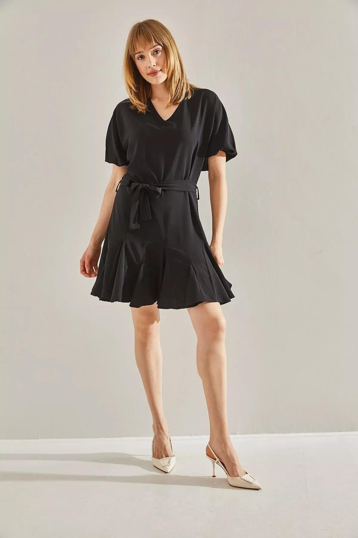 Black Ruffled Detailed V-Neck Belted Dress, , large image number 3