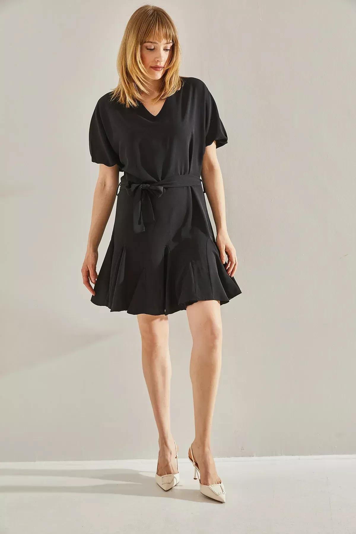 Black Ruffled Detailed V-Neck Belted Dress, , large image number 4