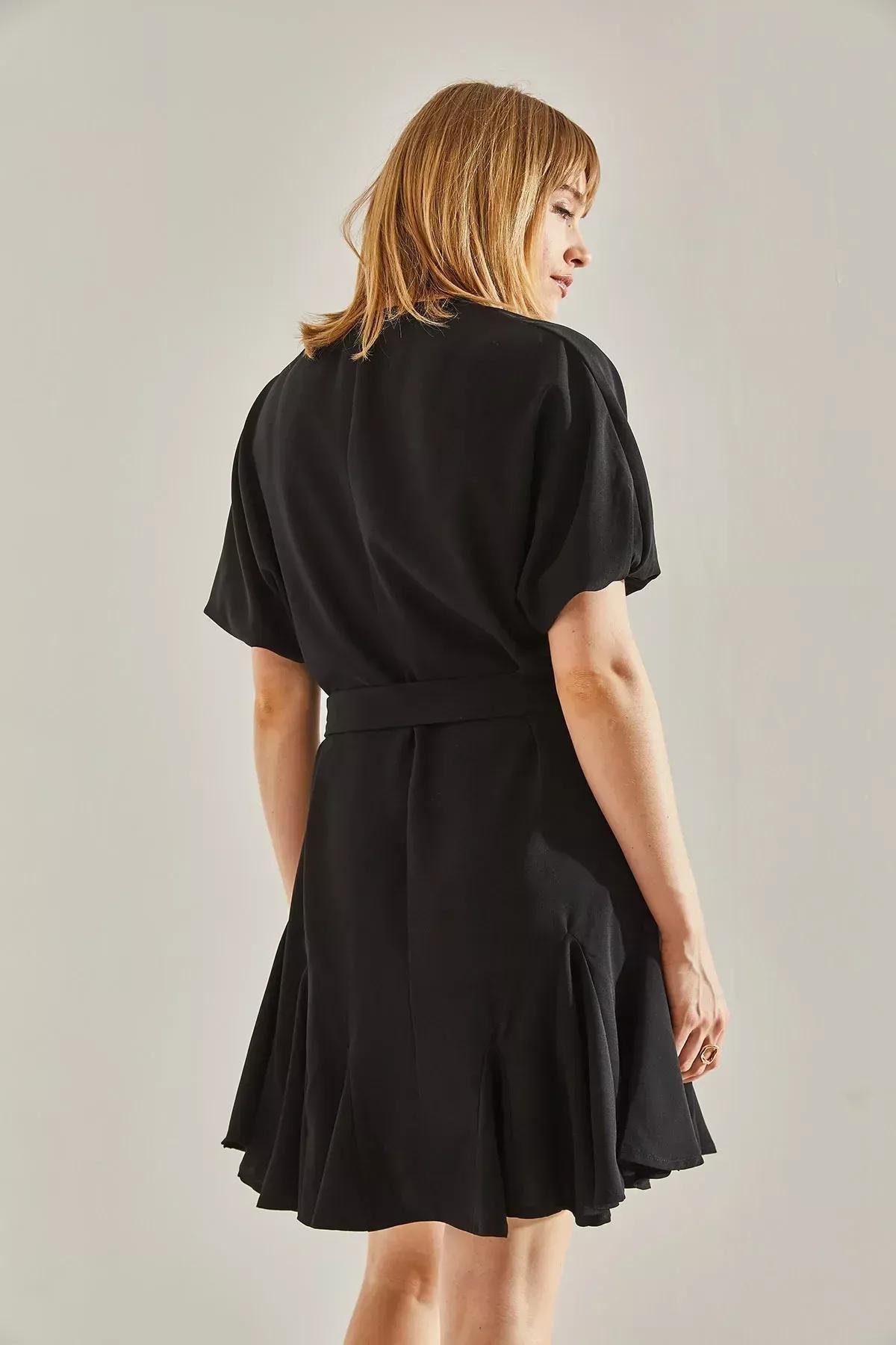 Black Ruffled Detailed V-Neck Belted Dress, , large image number 5