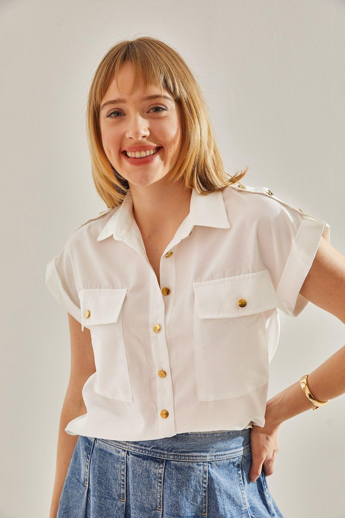 Ecru Double Pocket Buttoned Shirt, Ecru, large image number 0