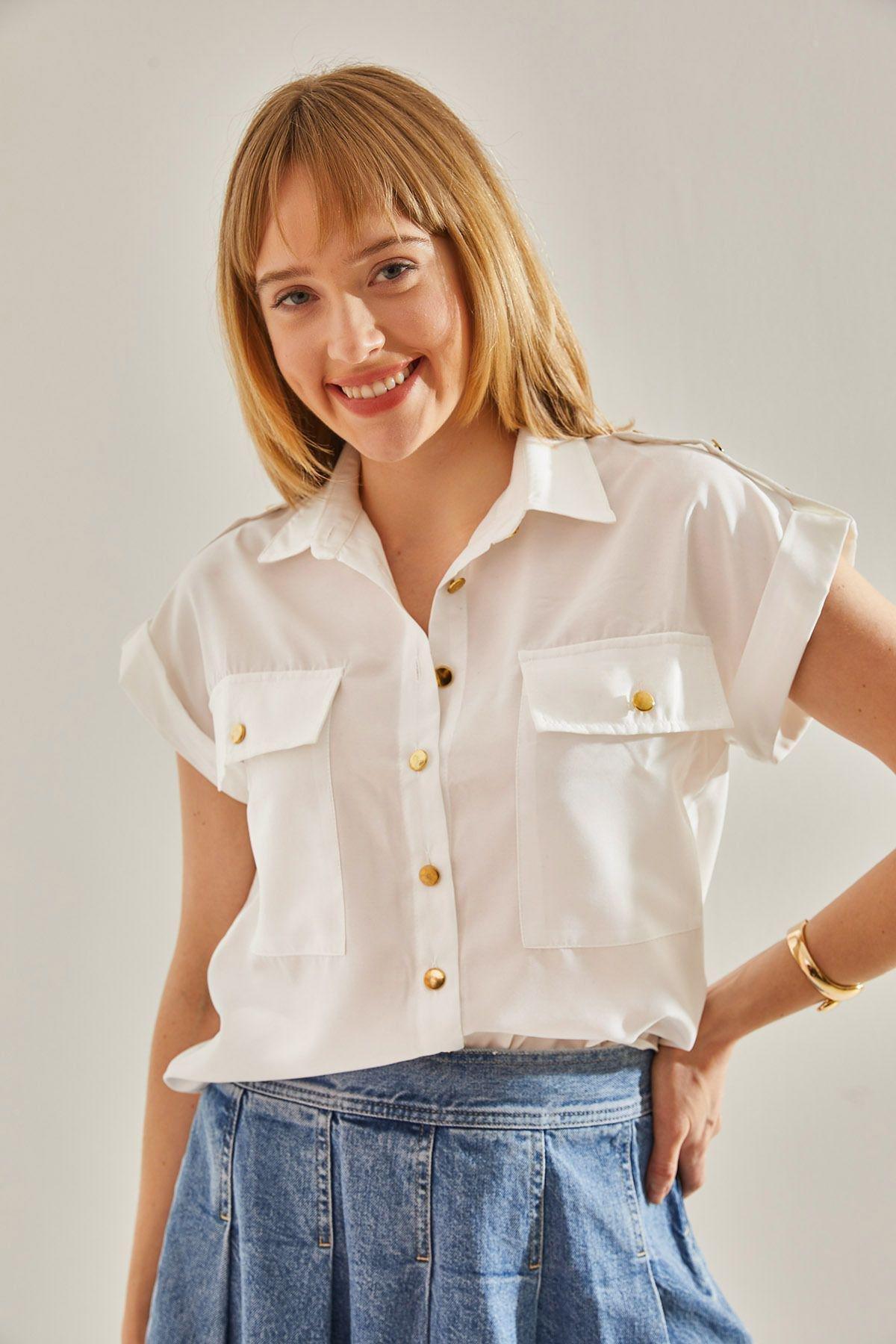 Ecru Double Pocket Buttoned Shirt, Ecru, large image number 1