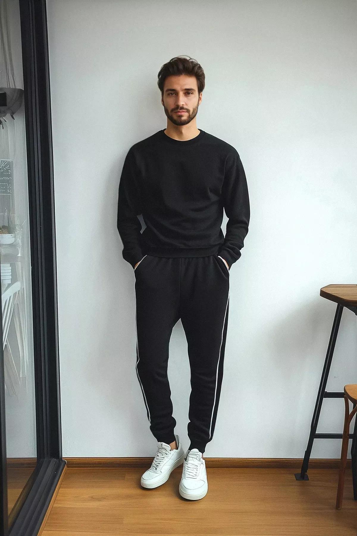 Black Piping Detail Sweatpants, BLACK, large image number 0