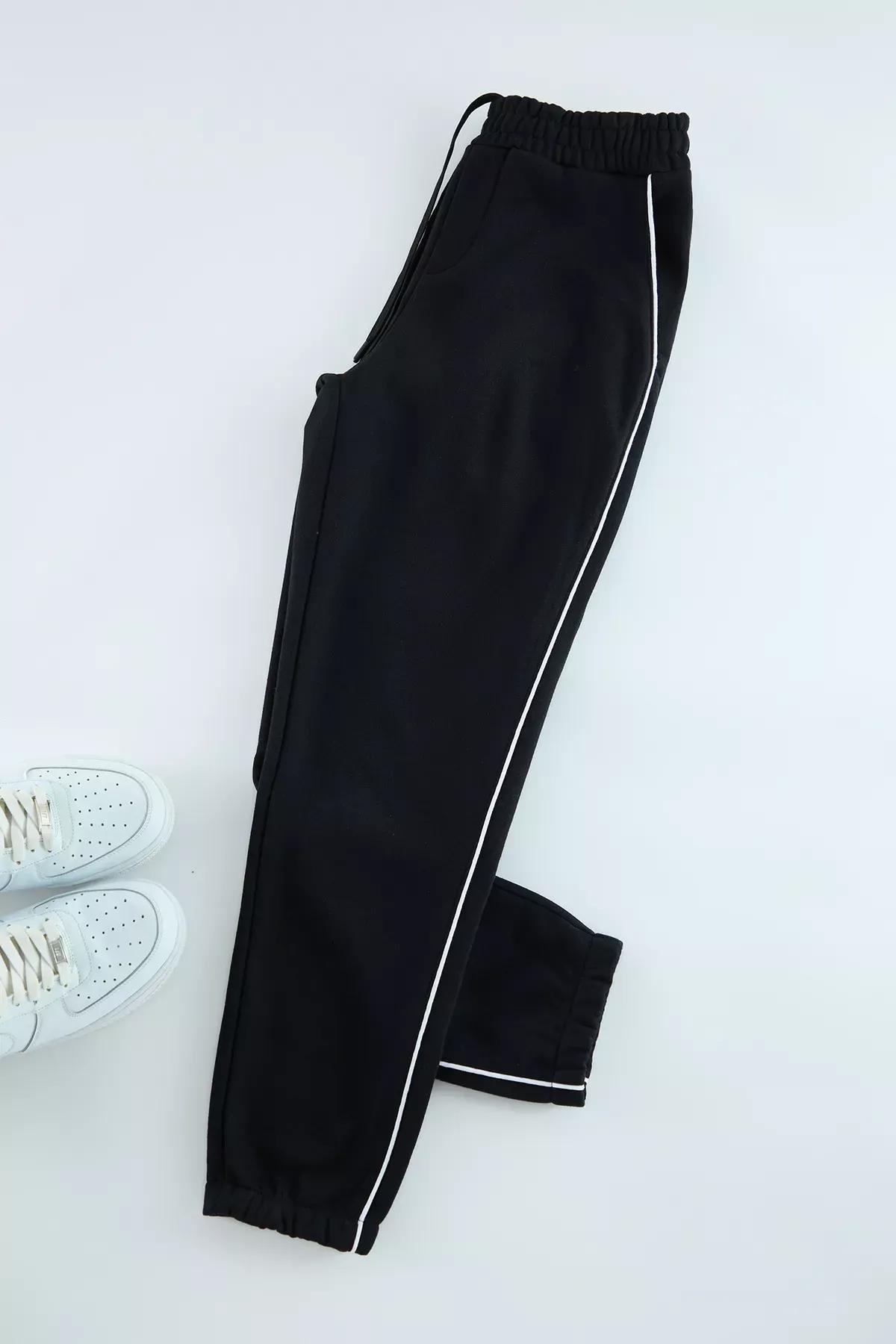 Black Piping Detail Sweatpants, BLACK, large image number 1