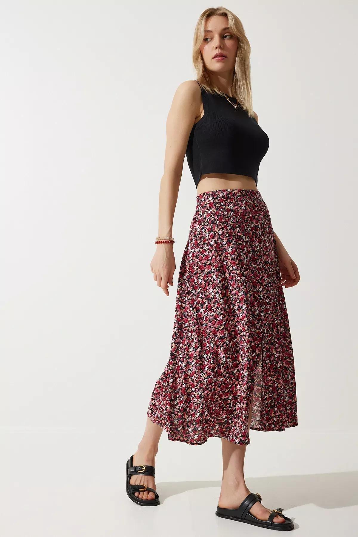 Red Floral Slit Summer Skirt, RED BLACK, large image number 0