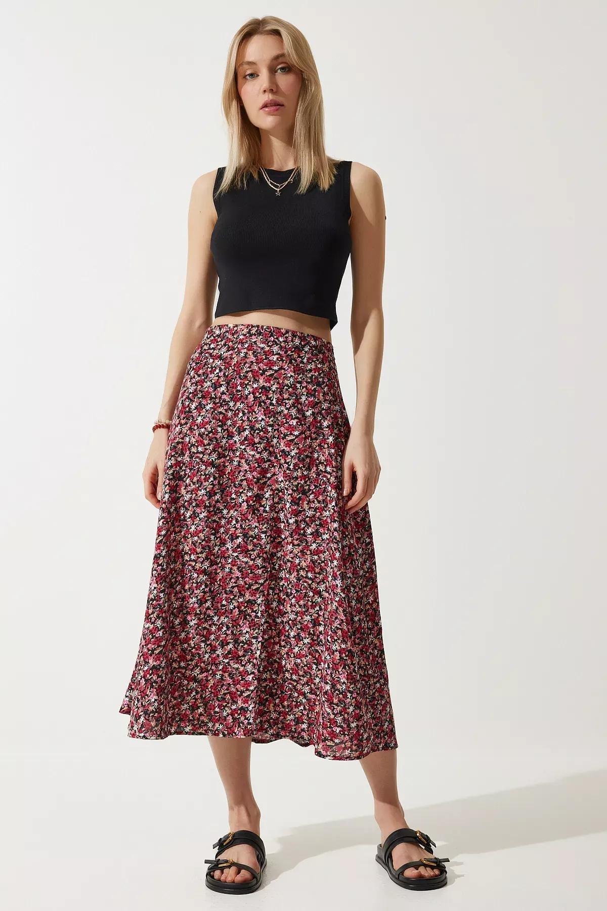 Red Floral Slit Summer Skirt, RED BLACK, large image number 1