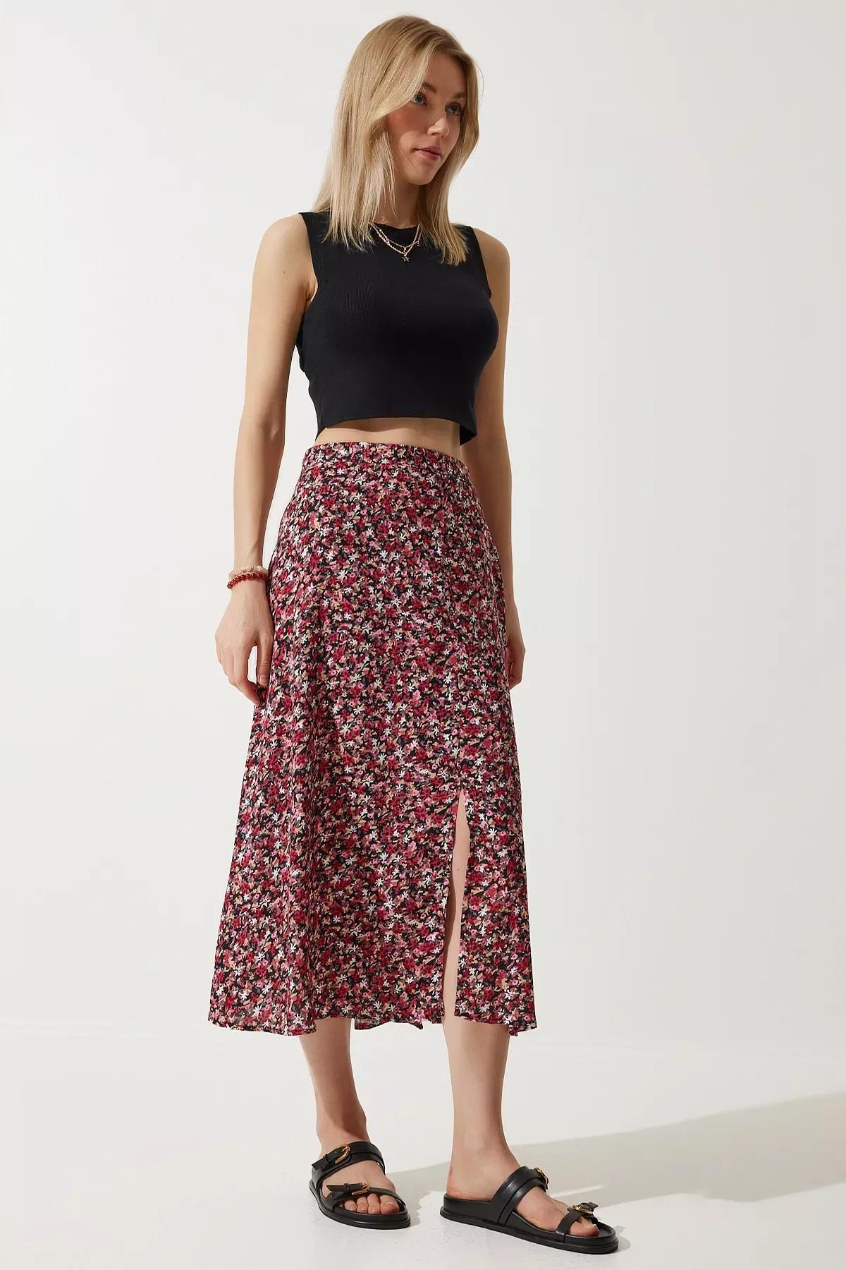 Red Floral Slit Summer Skirt, RED BLACK, large image number 2