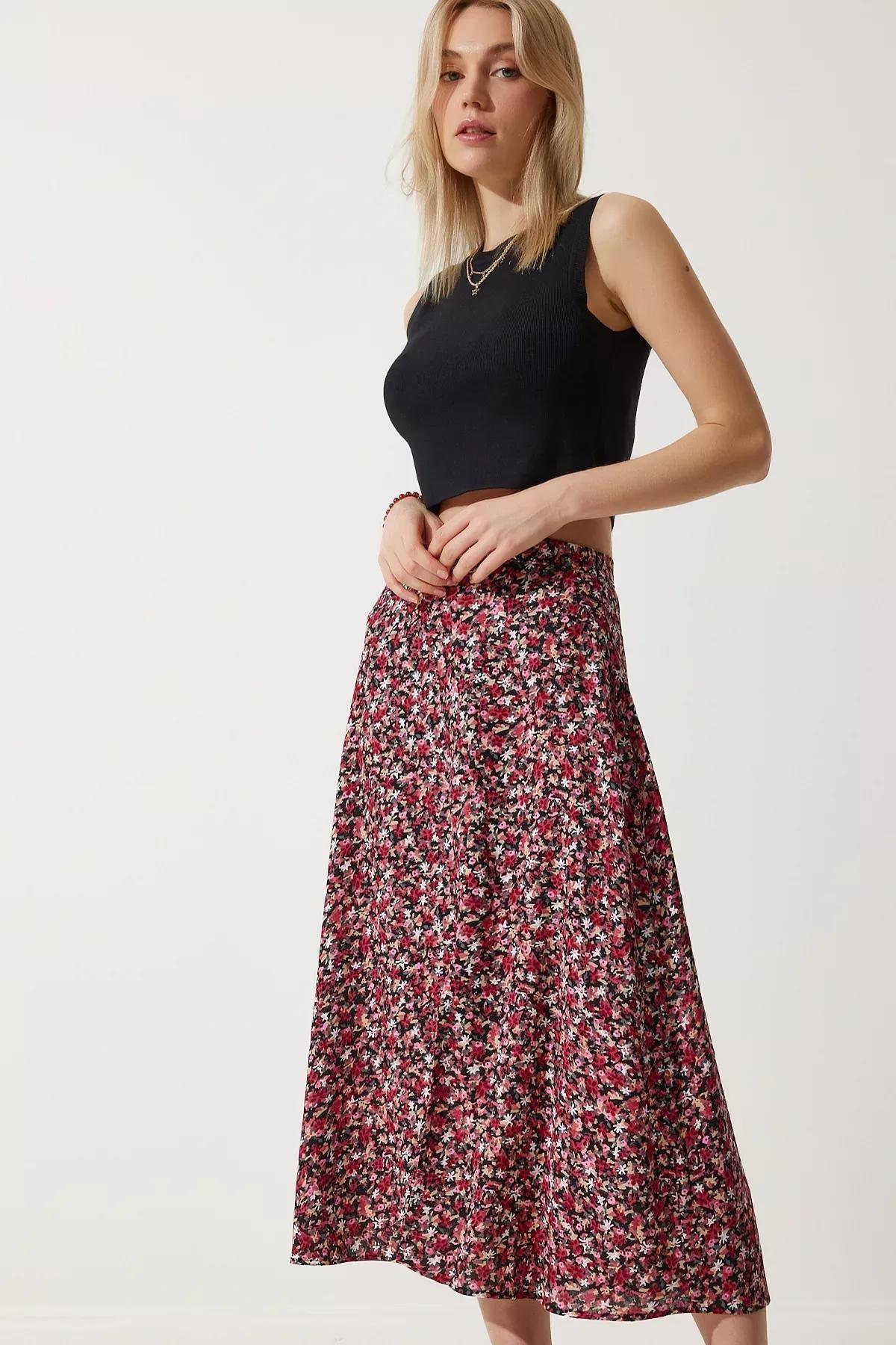Red Floral Slit Summer Skirt, RED BLACK, large image number 3