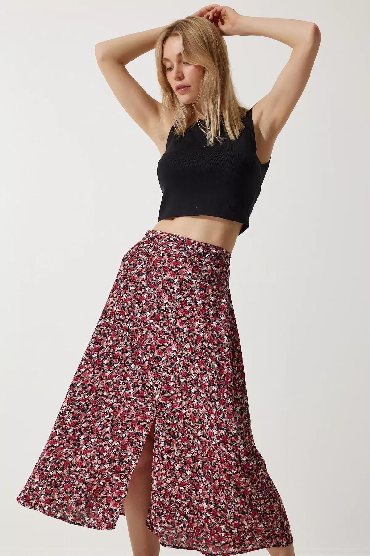 Red Floral Slit Summer Skirt, RED BLACK, large image number 4
