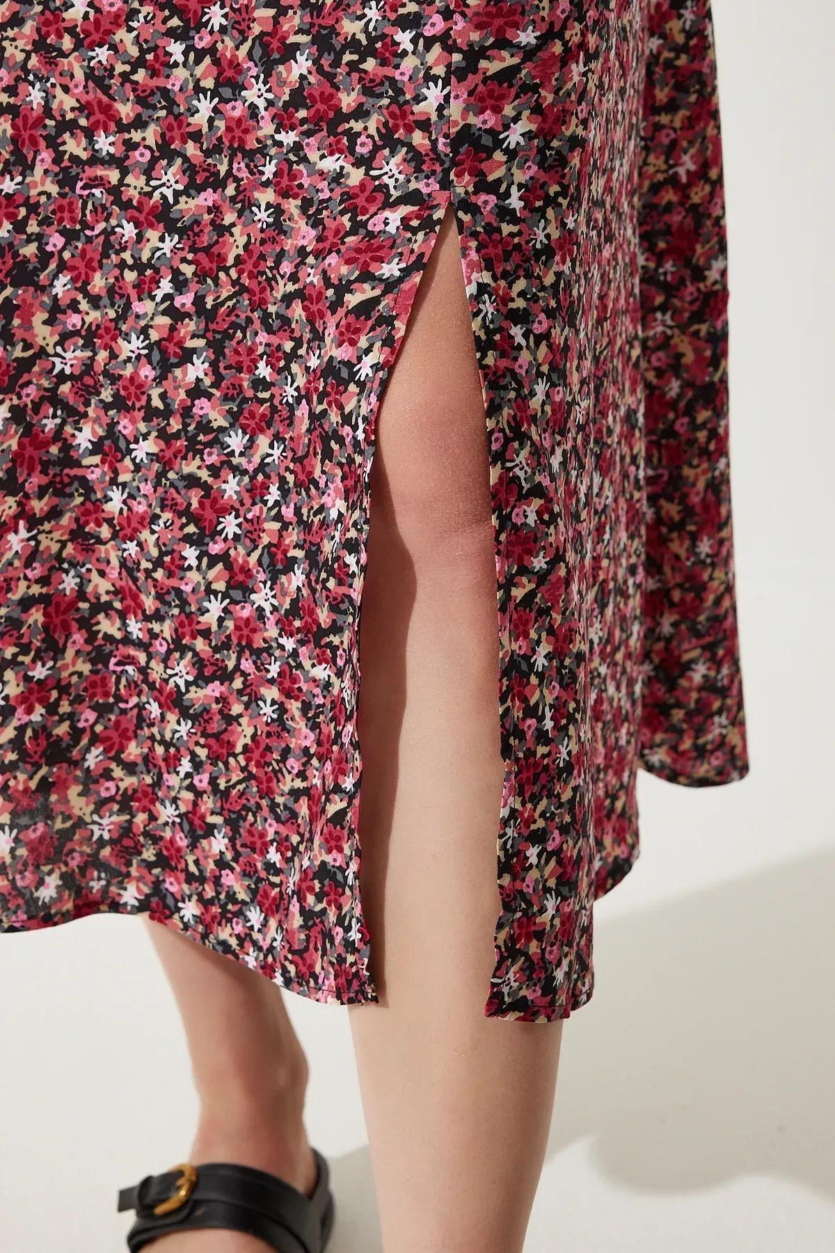 Red Floral Slit Summer Skirt, RED BLACK, large image number 5