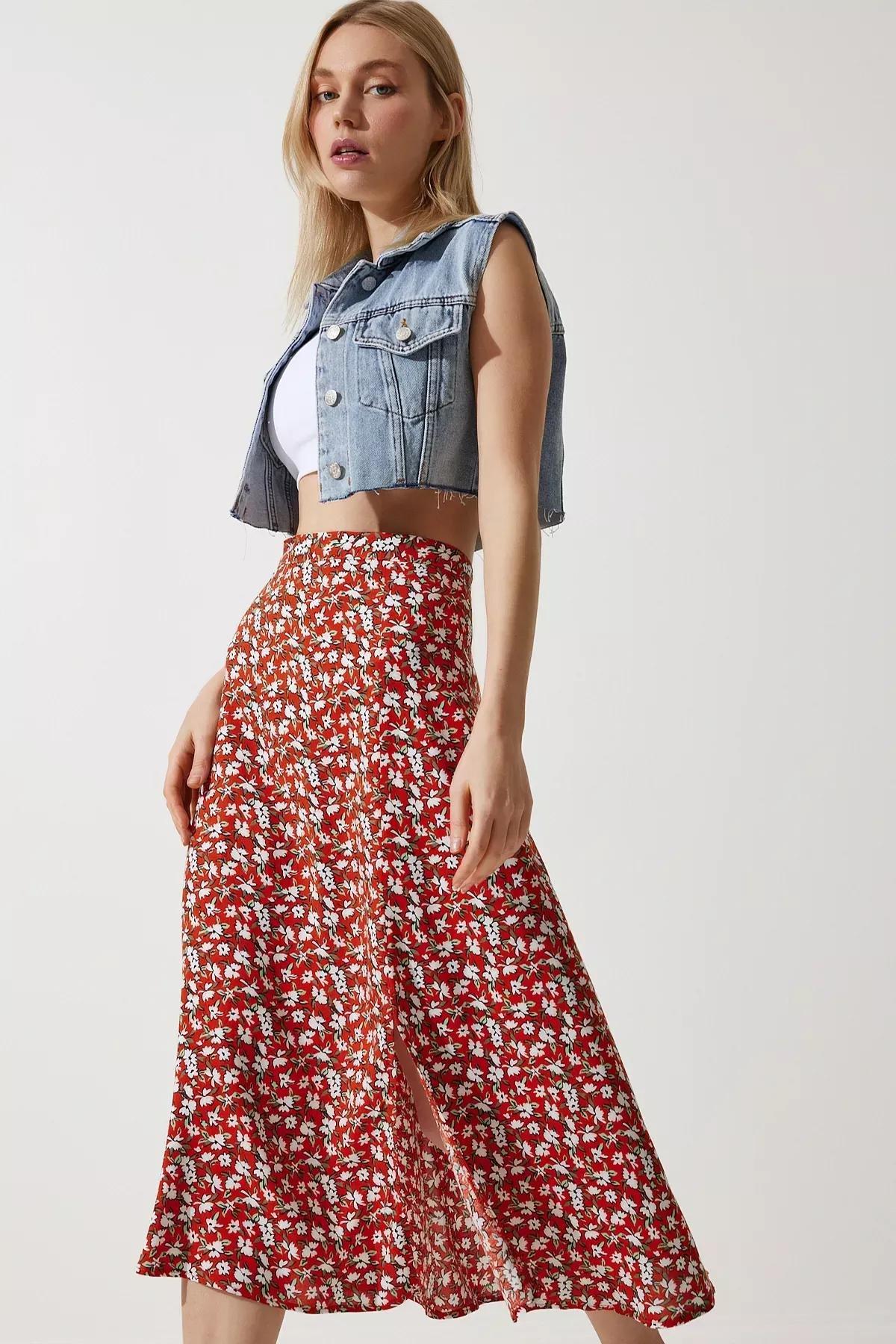 Womens Tile Green Floral Slit Summer Viscose Skirt MX00165, single, C101_6252, large image number 2