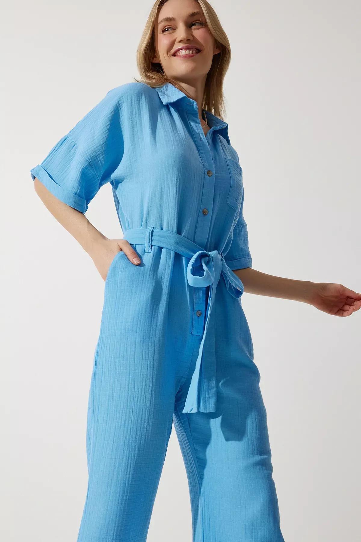 Blue Belted Muslin Jumpsuit, , large image number 1