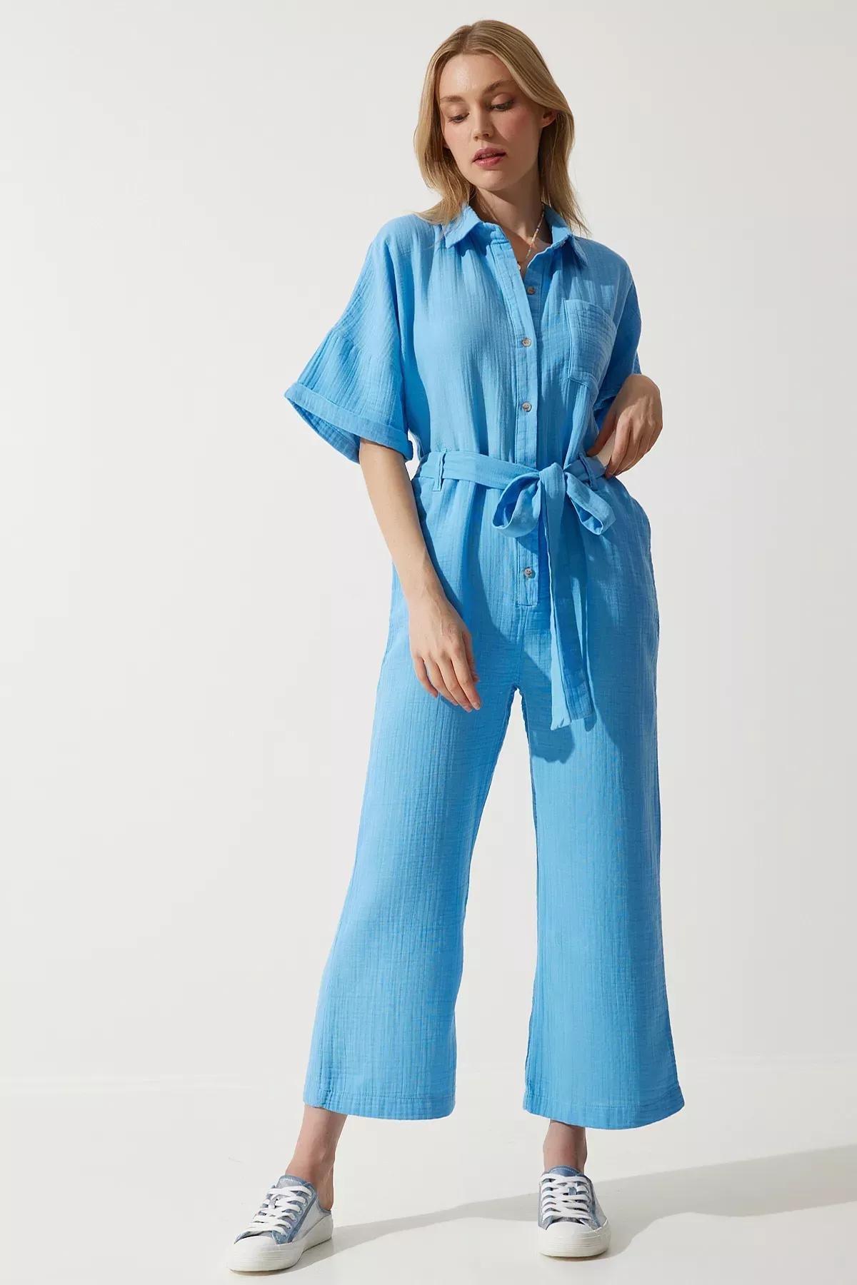Blue Belted Muslin Jumpsuit, , large image number 2