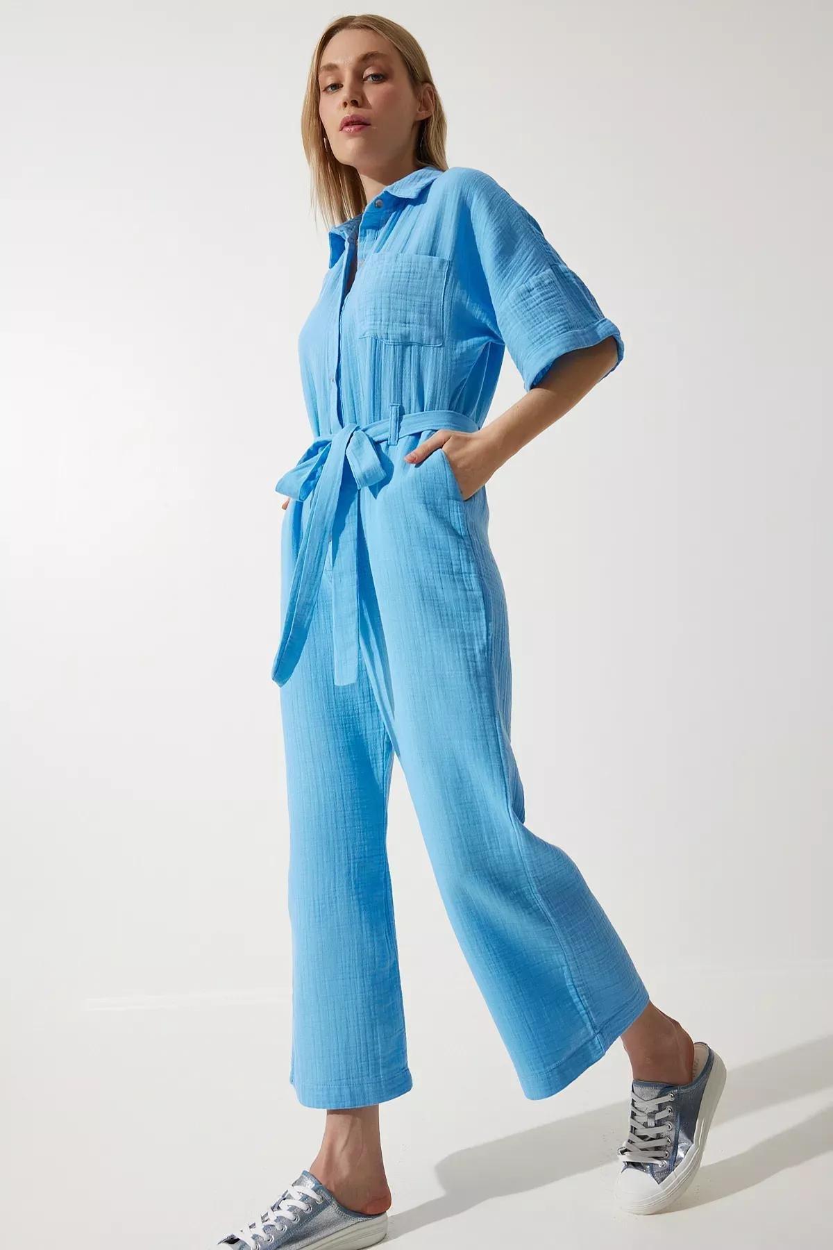 Blue Belted Muslin Jumpsuit, , large image number 3