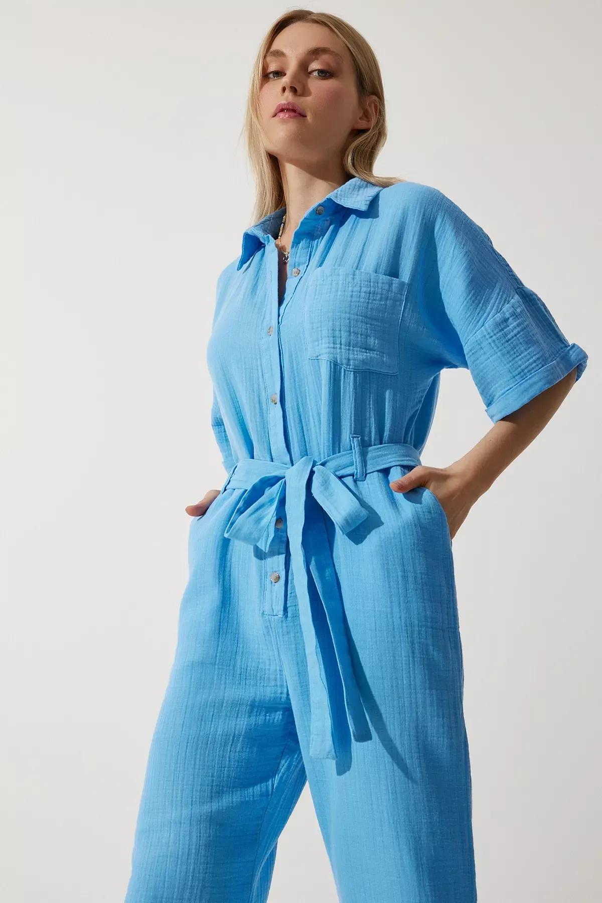 Blue Belted Muslin Jumpsuit, , large image number 4