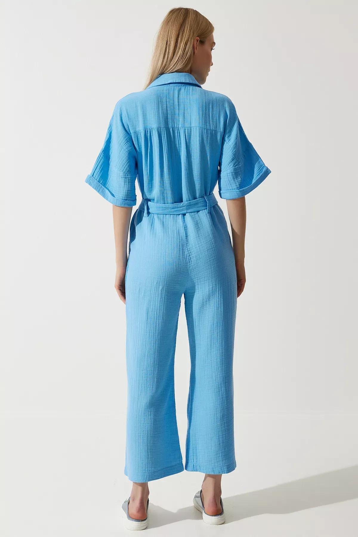 Blue Belted Muslin Jumpsuit, , large image number 5
