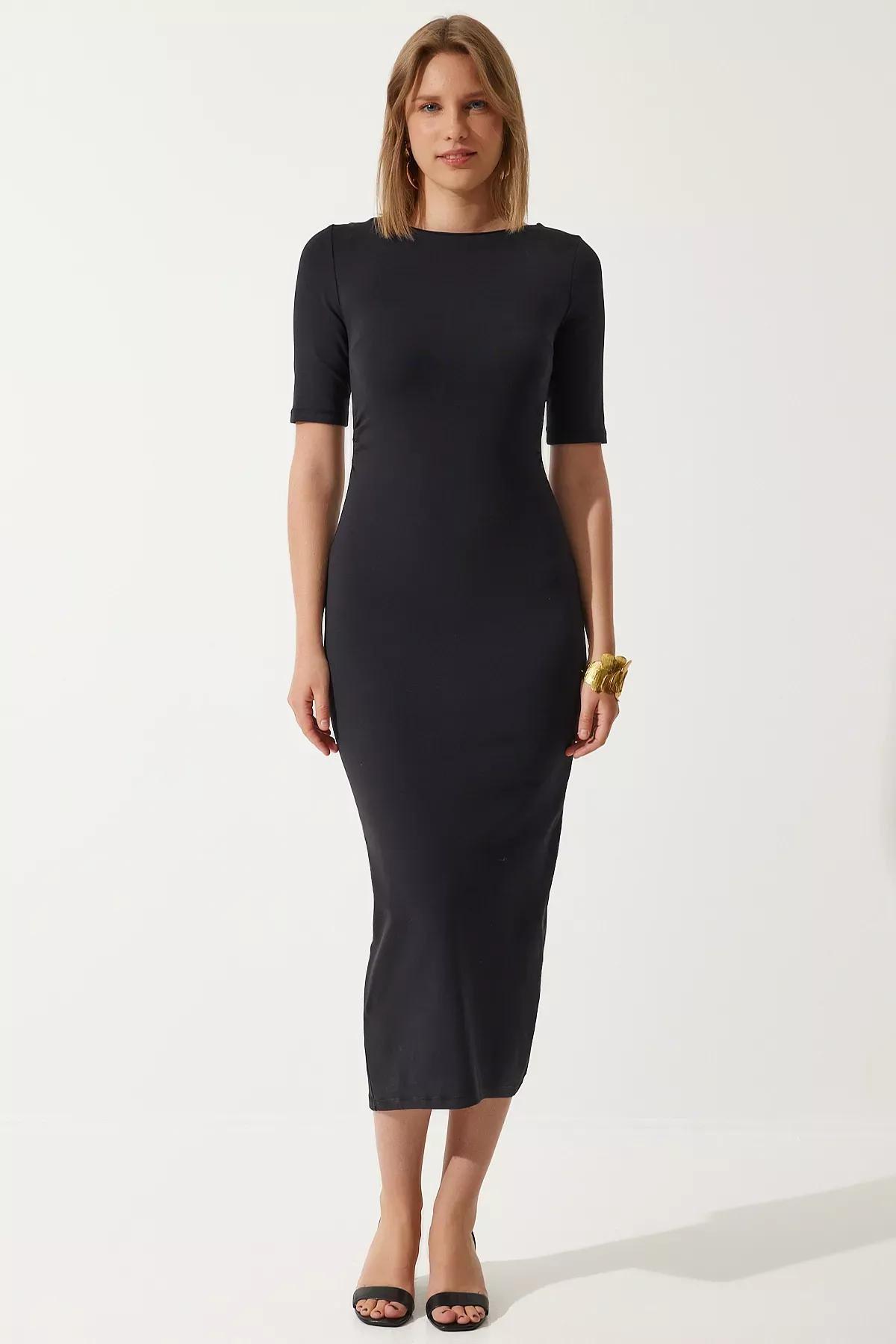 Black Plain Bodycon Midi Dress UB00269, , medium