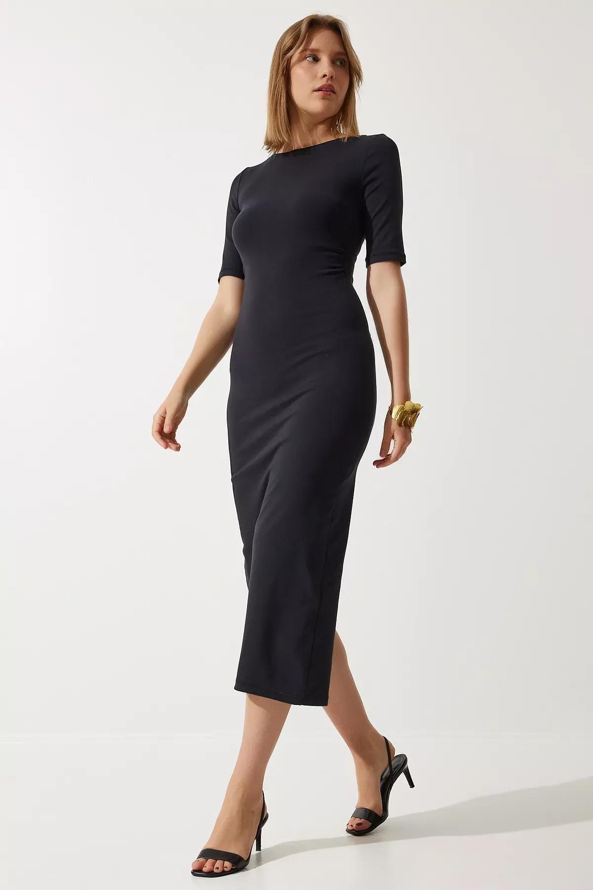 Black Plain Bodycon Midi Dress UB00269, , large image number 1