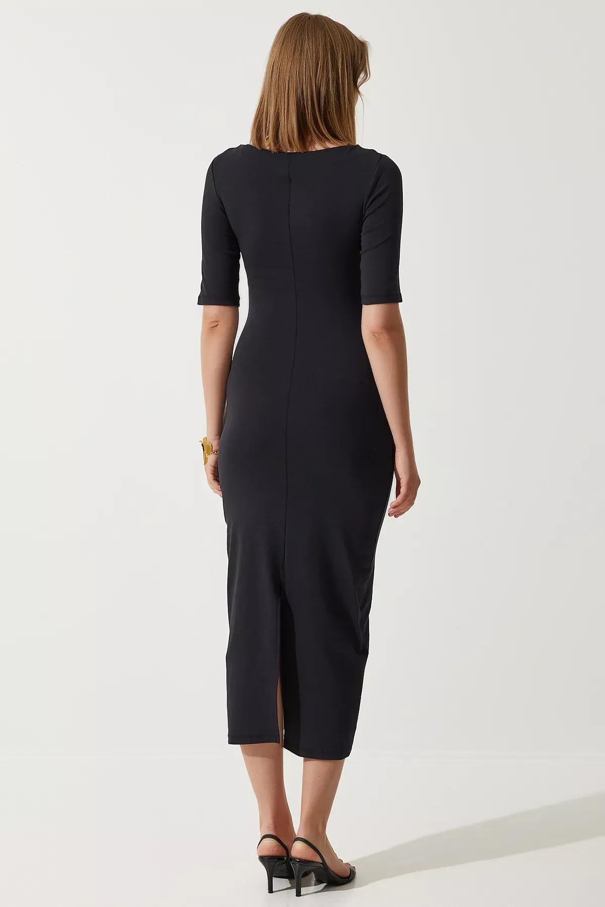 Black Plain Bodycon Midi Dress UB00269, , large image number 3