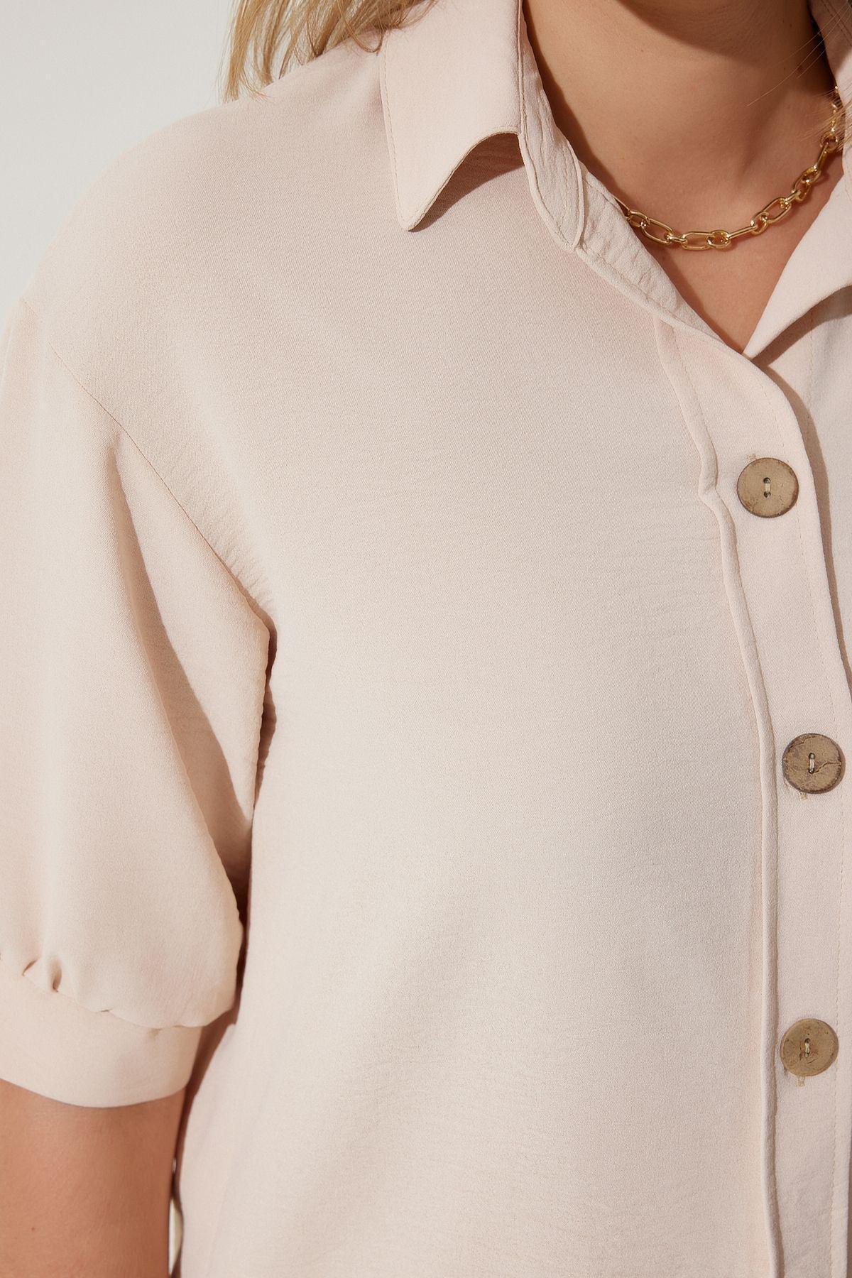 Cream Balloon Sleeve Linen Shirt, , large image number 0