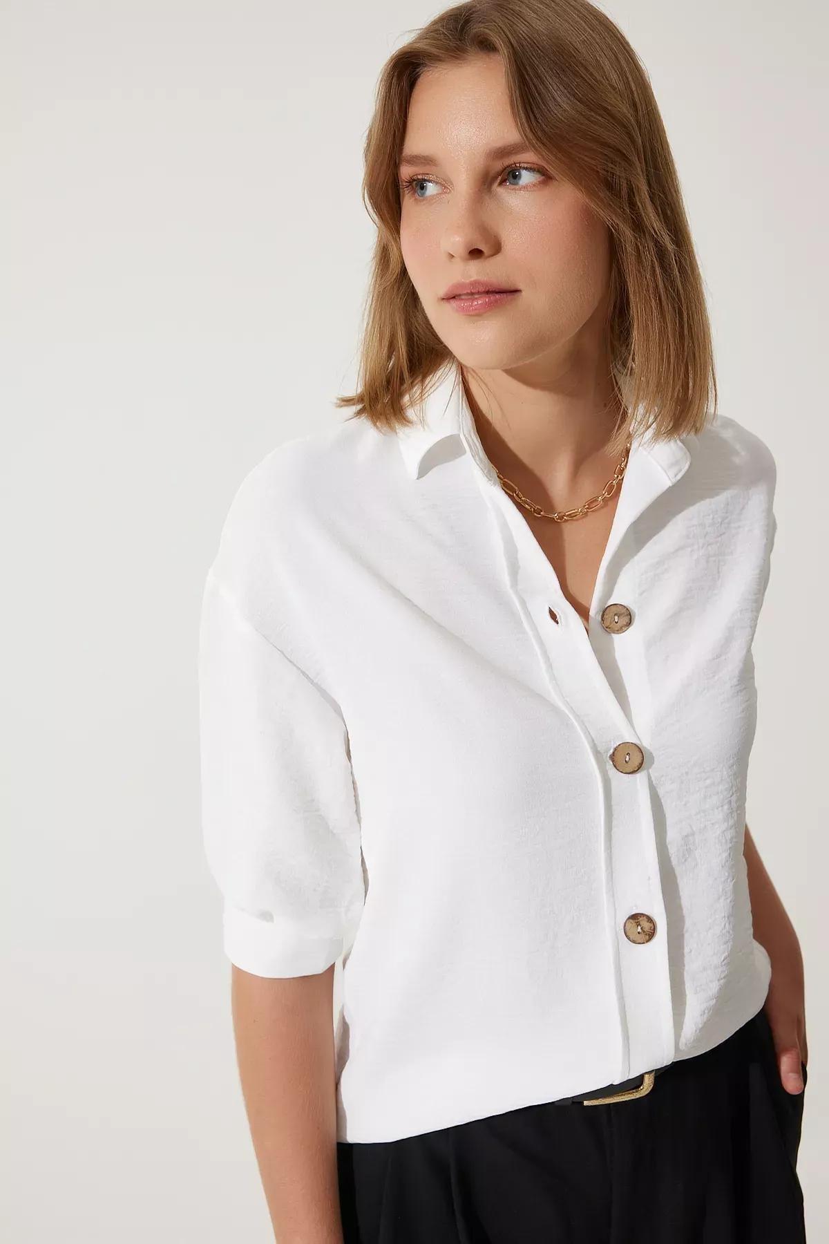White Balloon Sleeve Linen Shirt,, , large image number 1