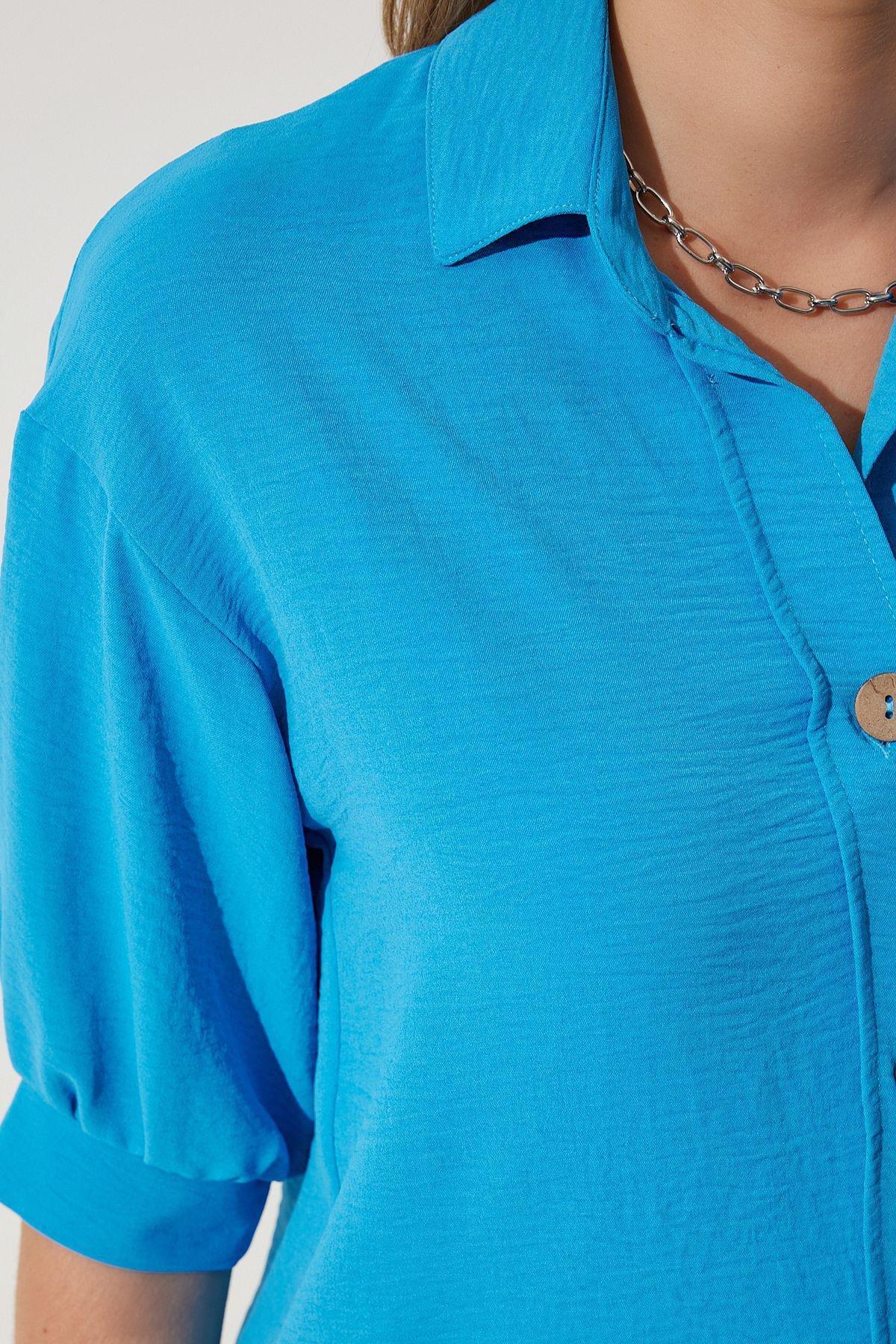 Blue Balloon Sleeve Linen Shirt, , large image number 0