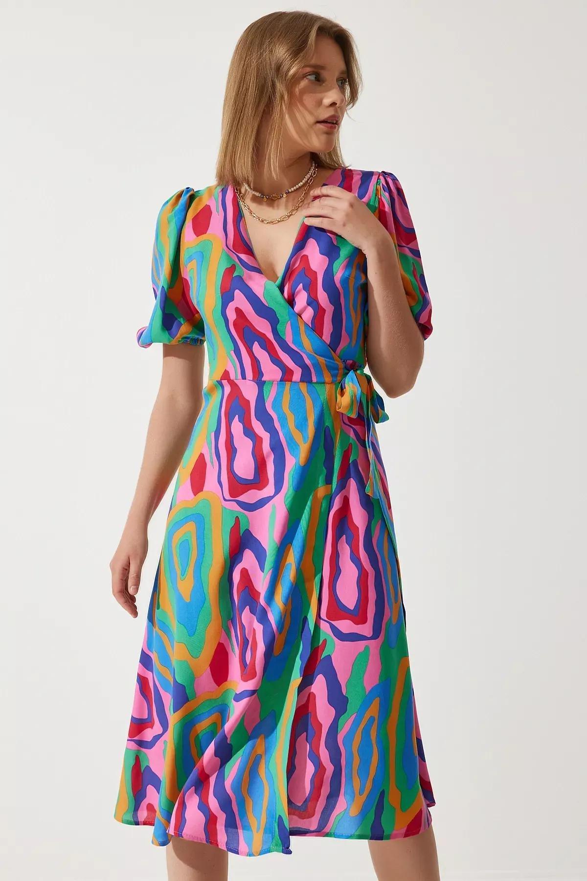 Pink Abstract A-Line Midi Dress, Pink Green, large image number 0