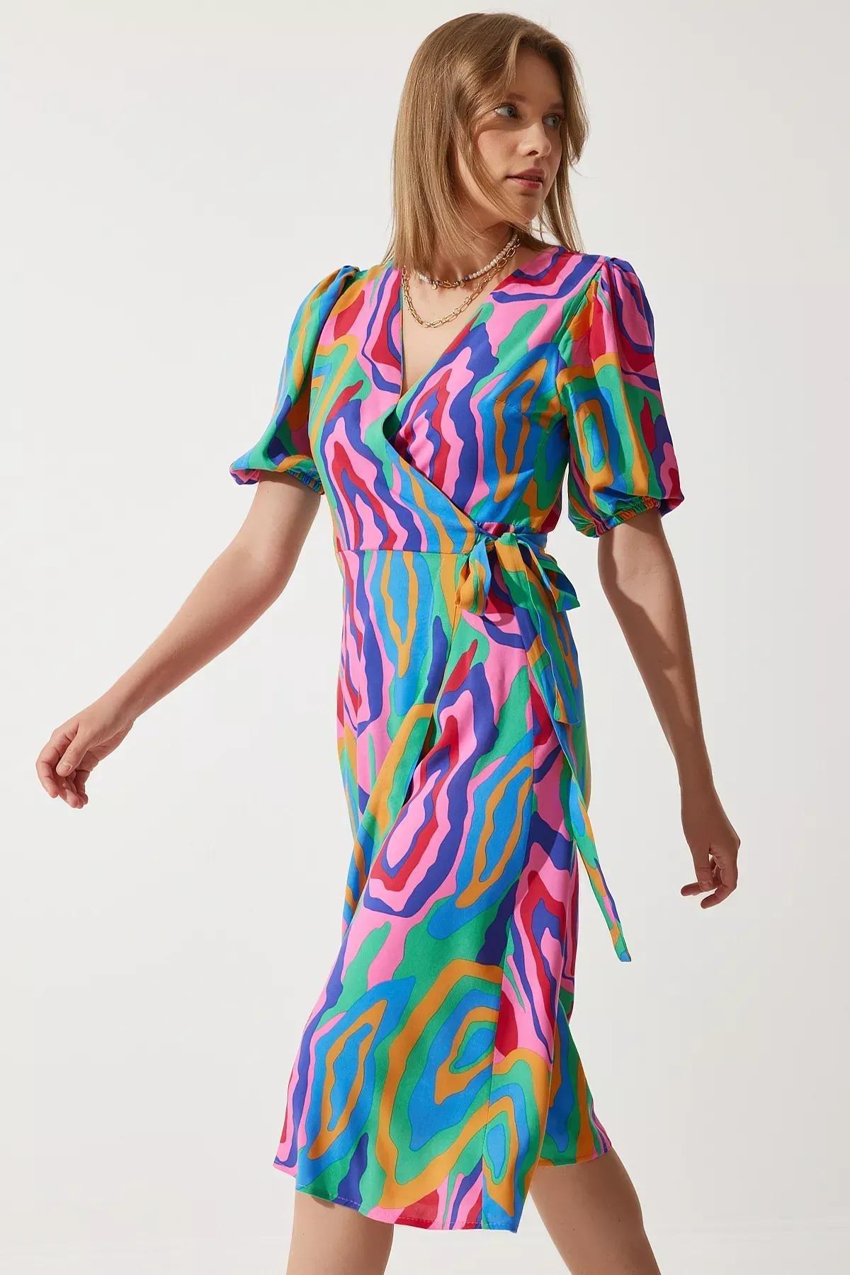 Pink Abstract A-Line Midi Dress, Pink Green, large image number 1