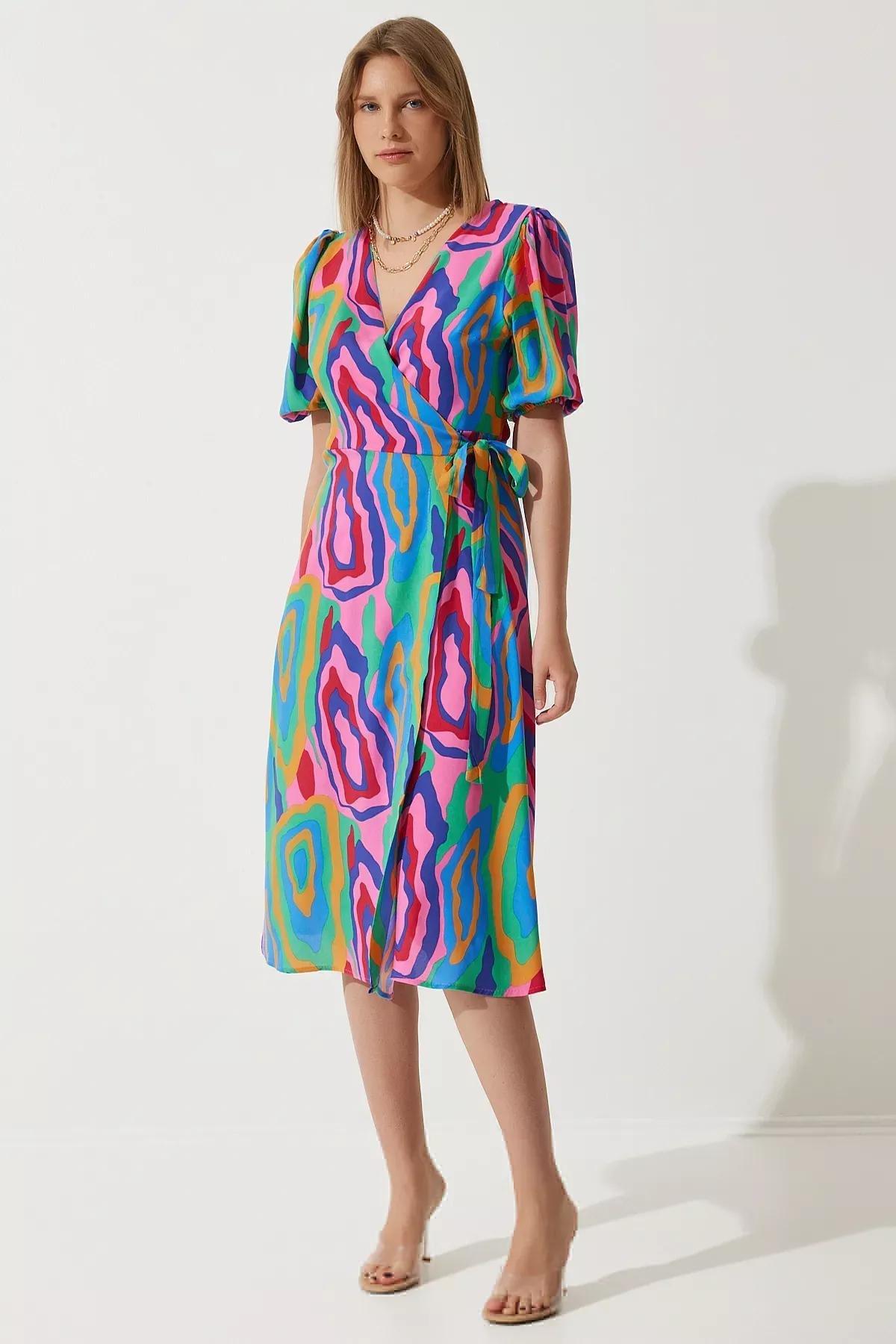 Pink Abstract A-Line Midi Dress, Pink Green, large image number 3