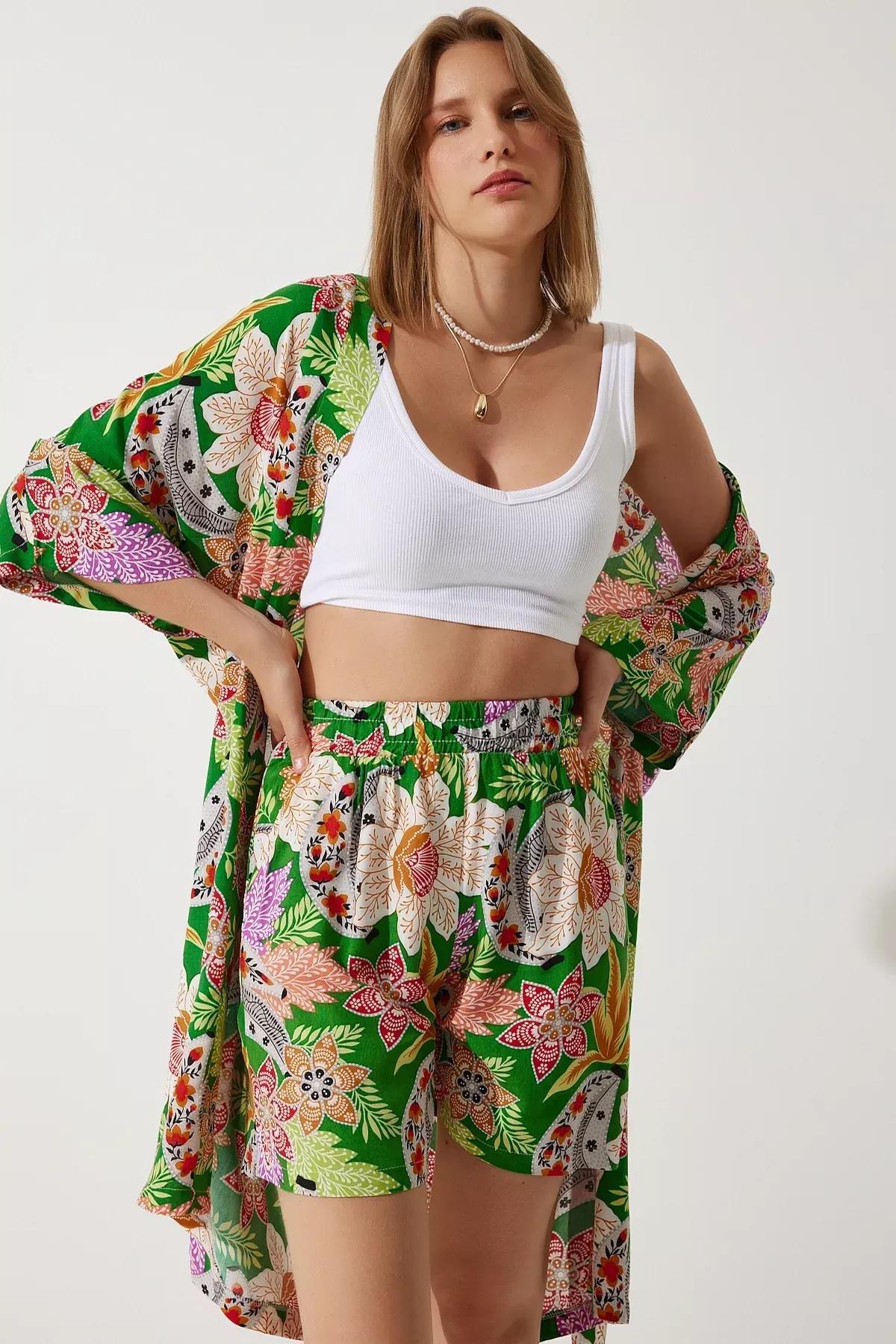 Green Floral Crop Top Set, Green, large image number 3