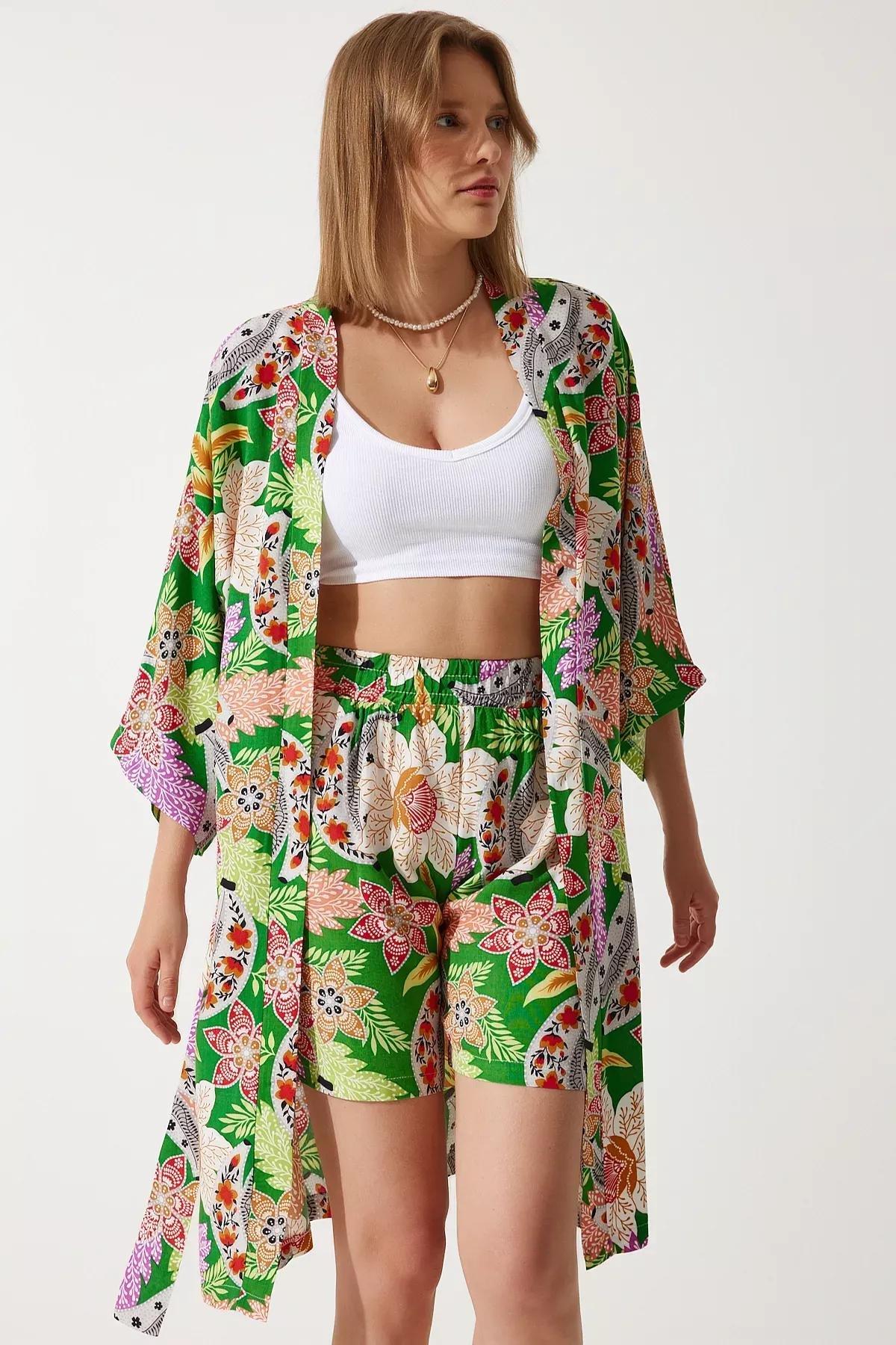 Green Floral Crop Top Set, Green, large image number 4