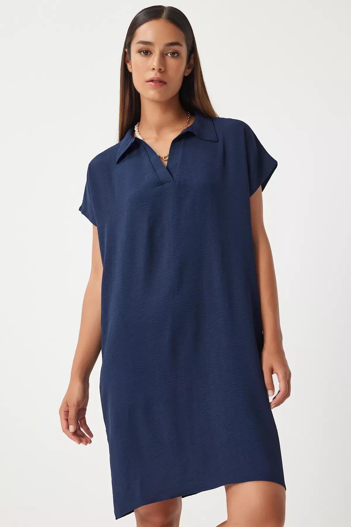 Dark Navy Blue Plain Shirt Dress, Dark Navyblue, large image number 0