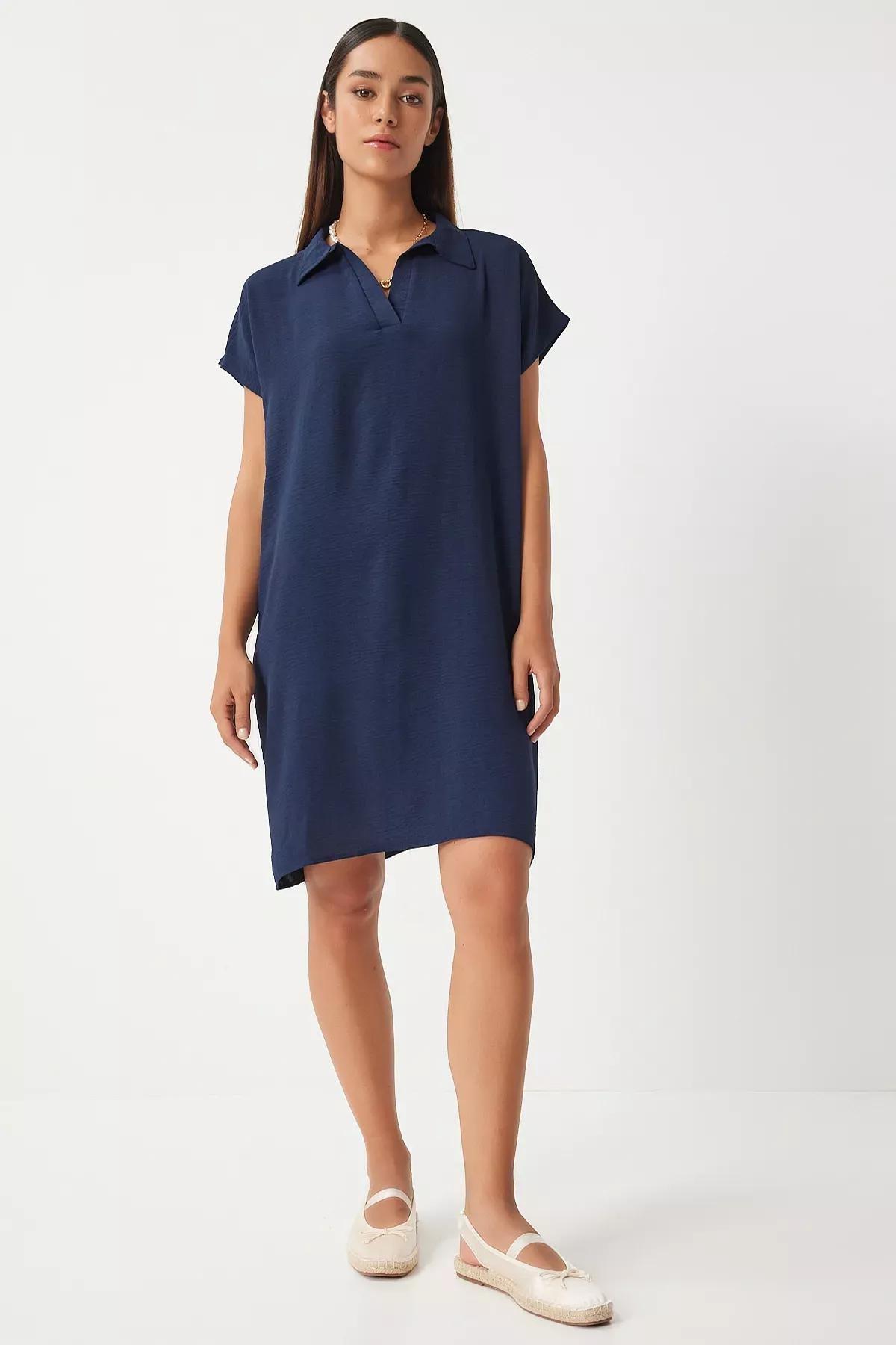 Dark Navy Blue Plain Shirt Dress, Dark Navyblue, large image number 1