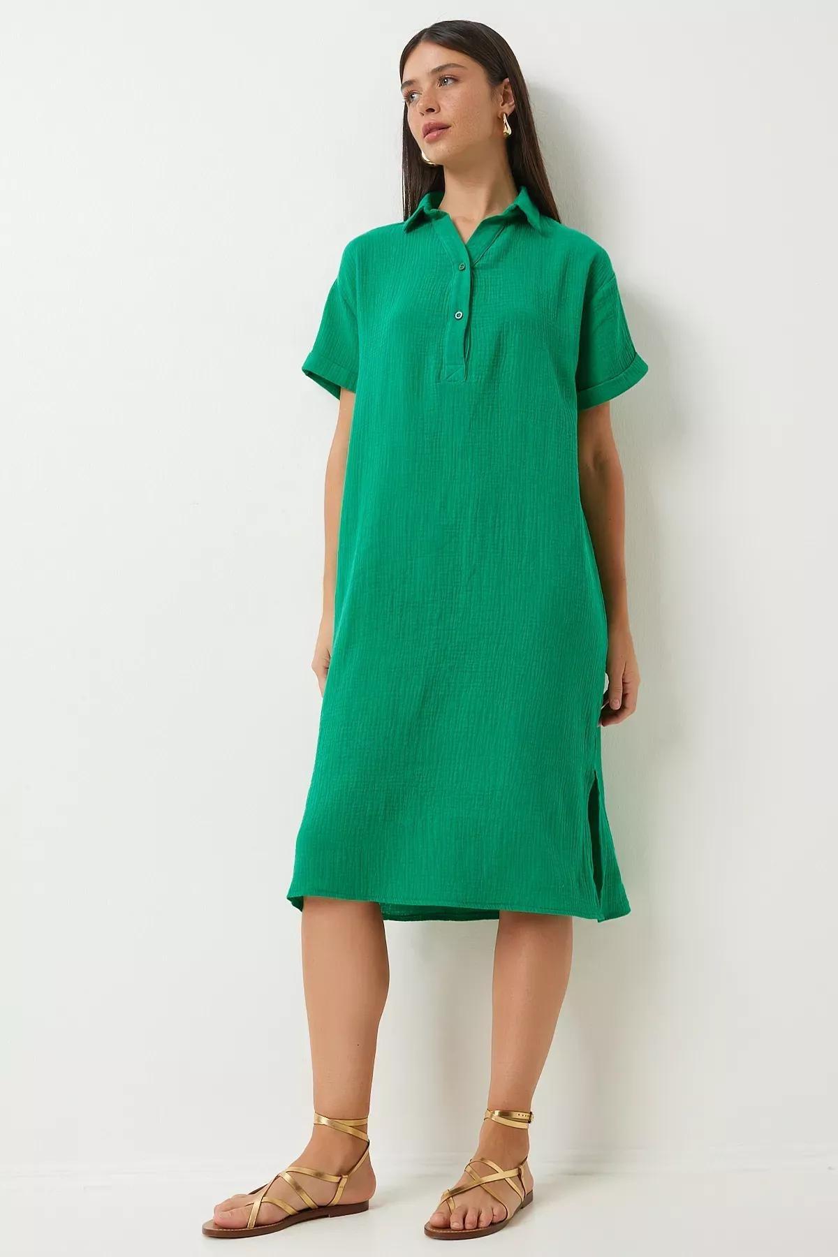 Green Plain Shirt Dress, Green, large image number 0
