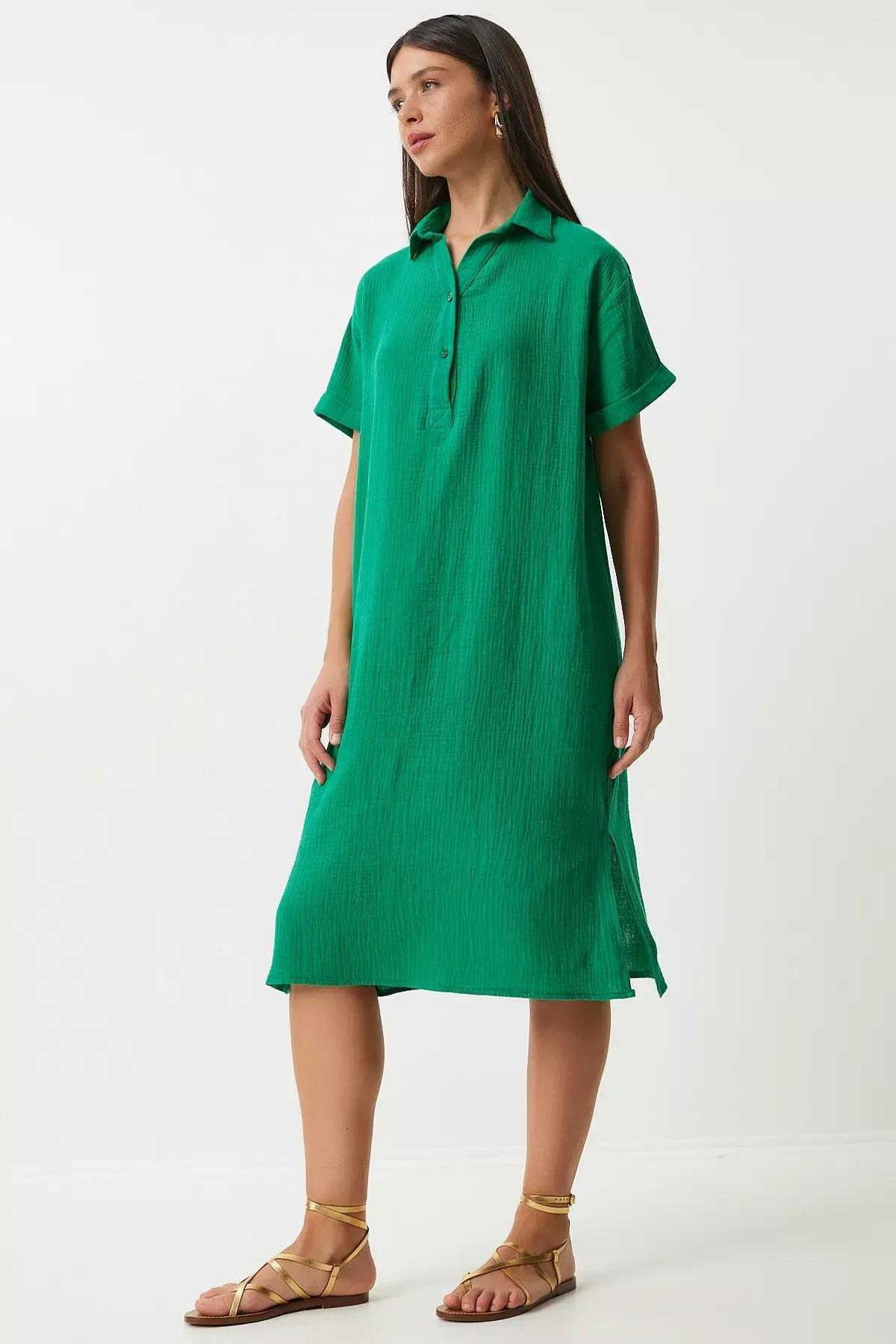 Green Plain Shirt Dress, Green, large image number 1