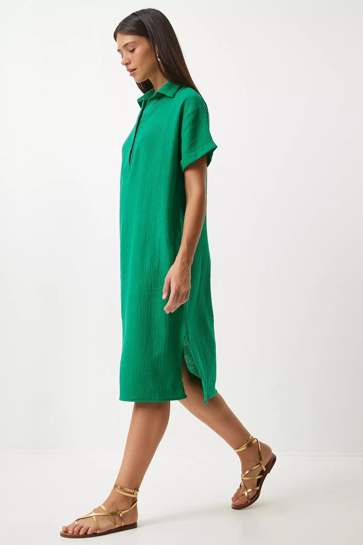 Green Plain Shirt Dress, Green, large image number 2