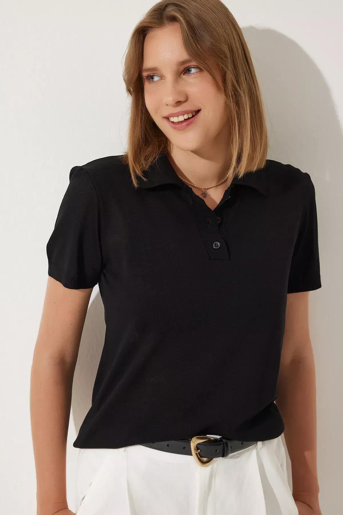 Black Polo Neck Knitwear Blouse, BLACK, large image number 0