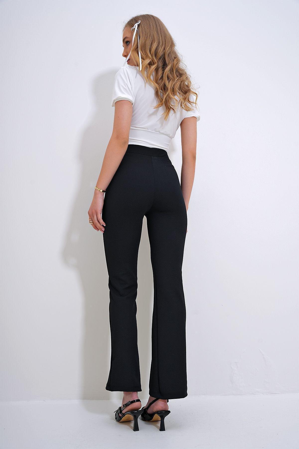 Womens Black Striped Elastic Trousers ALC-X12199, single, , large image number 4