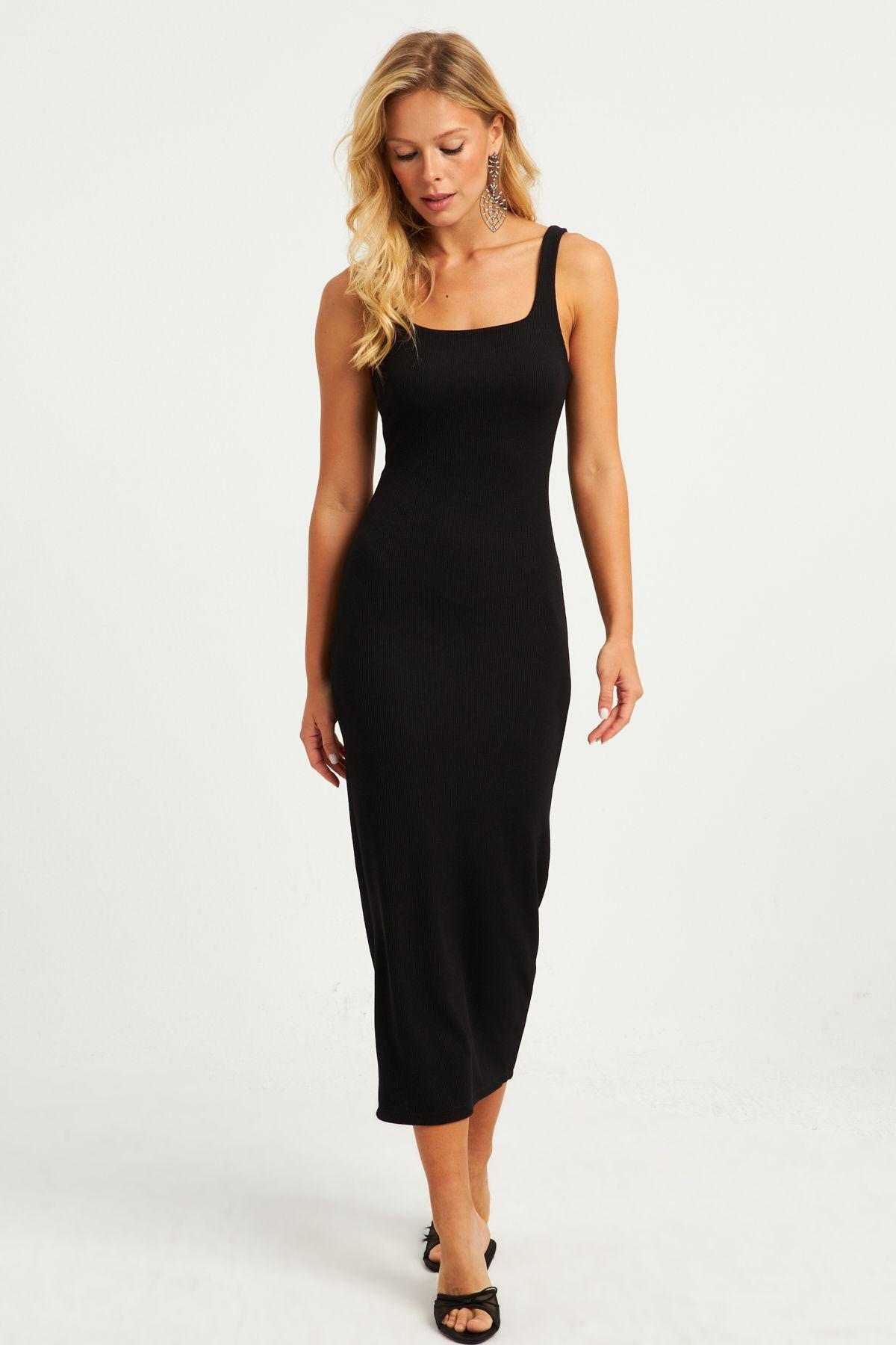 فستان متوسط الطول بفتحة رقبة مربعة، أسود, BLACK, large image number 1