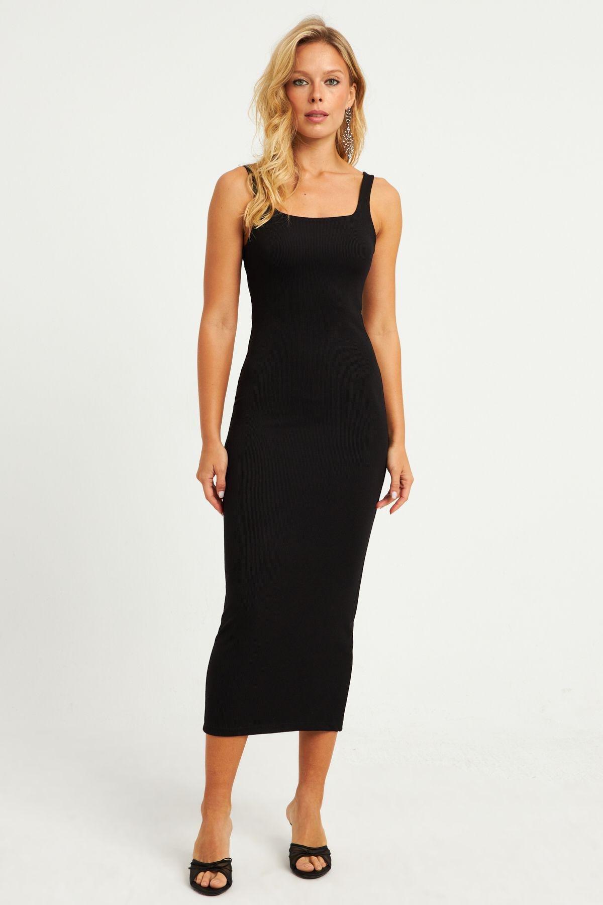 فستان متوسط الطول بفتحة رقبة مربعة، أسود, BLACK, large image number 4