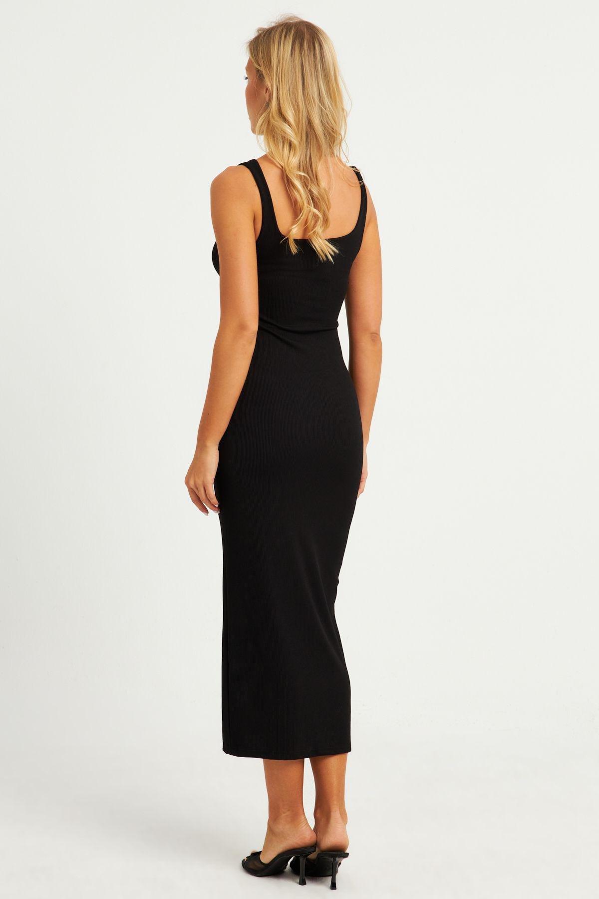 فستان متوسط الطول بفتحة رقبة مربعة، أسود, BLACK, large image number 5