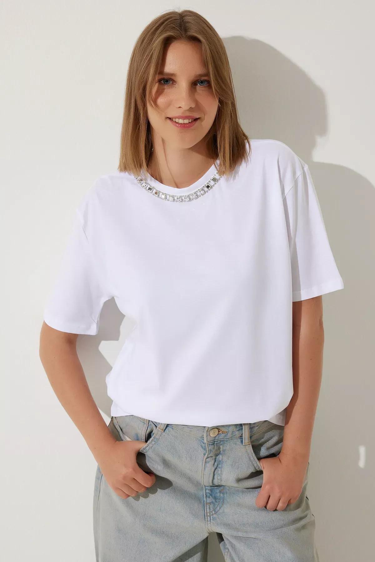 Womens White Collar Chain Necklace 100% Cotton Knitted T-Shirt UB00277, , medium