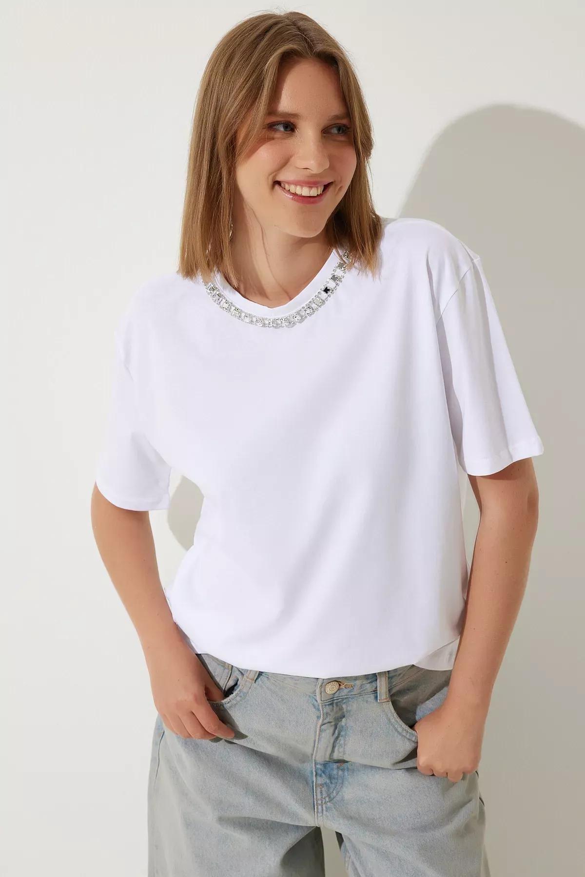 Womens White Collar Chain Necklace 100% Cotton Knitted T-Shirt UB00277, , large image number 1