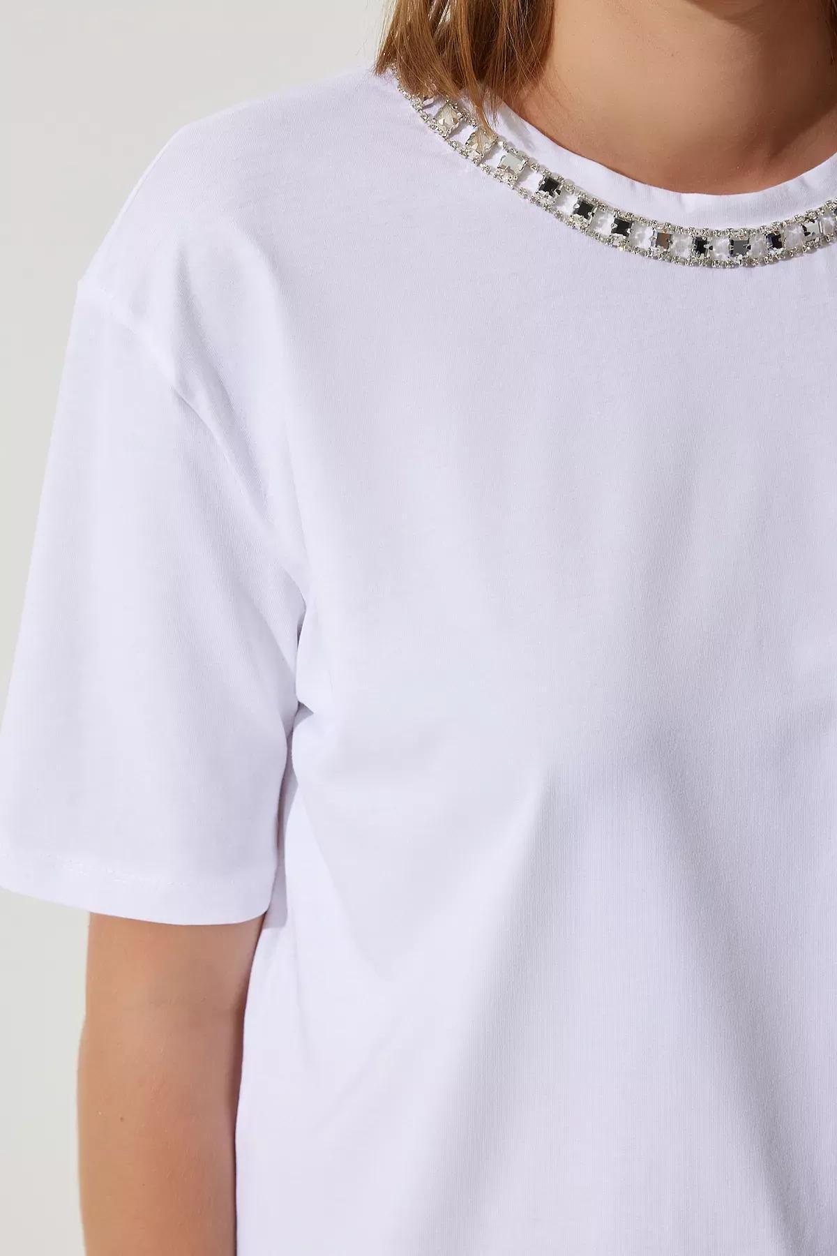 Womens White Collar Chain Necklace 100% Cotton Knitted T-Shirt UB00277, , large image number 2