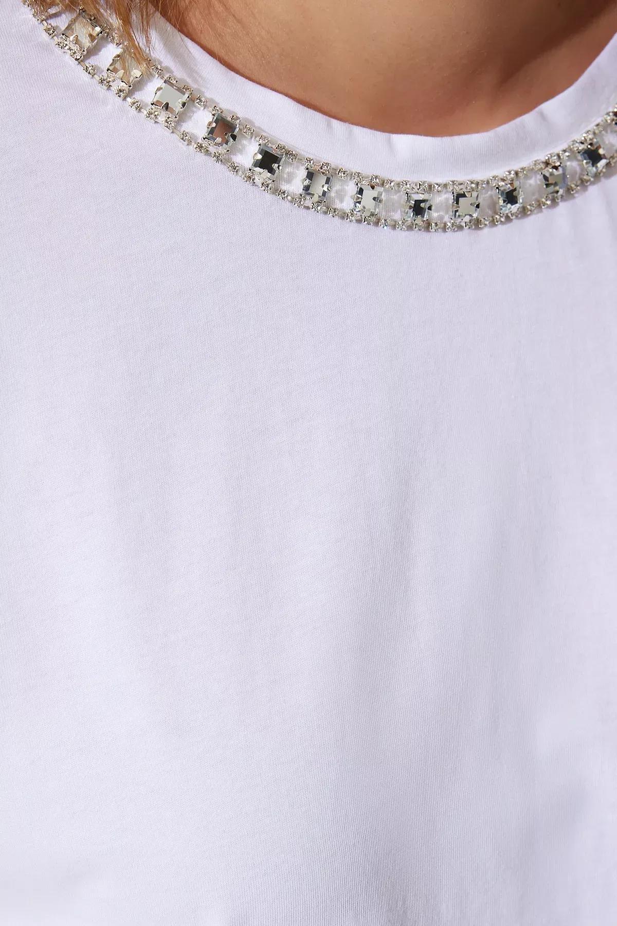 Womens White Collar Chain Necklace 100% Cotton Knitted T-Shirt UB00277, , large image number 3