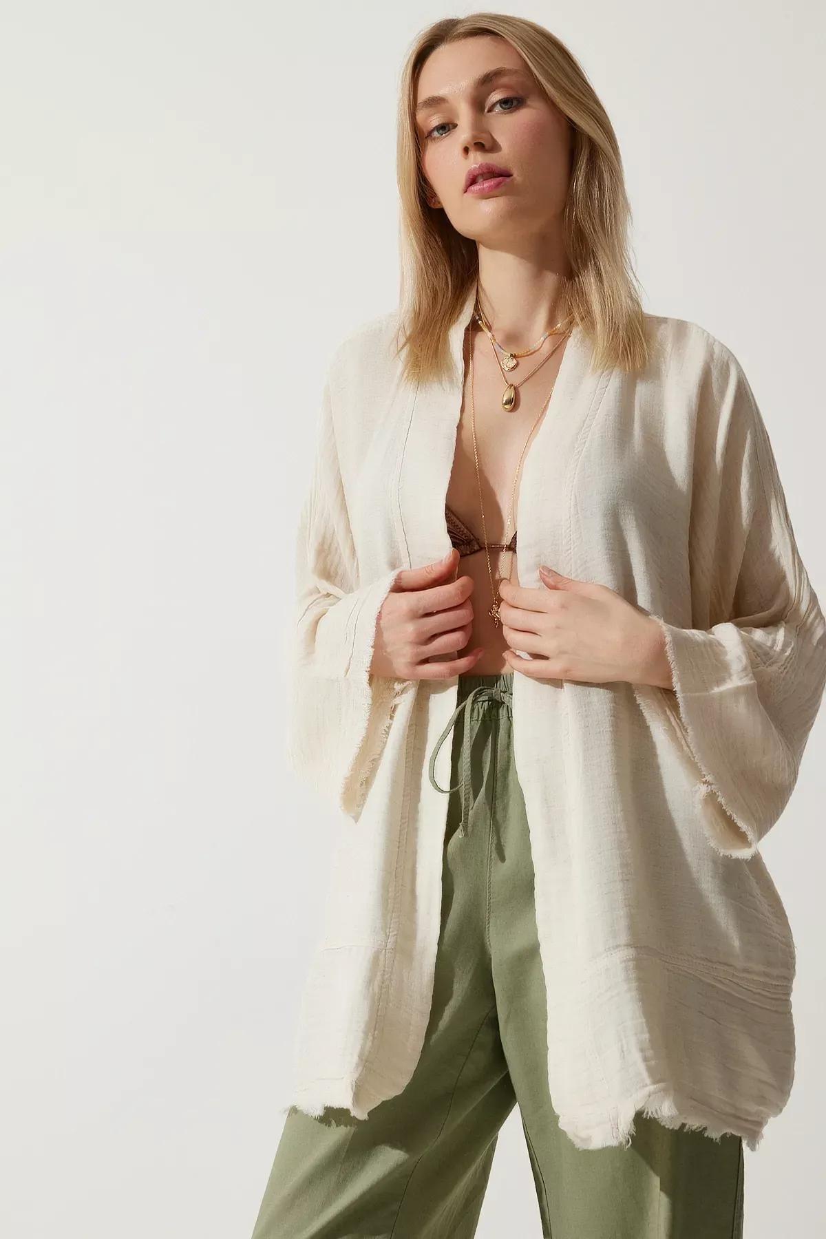 Cream Floral Muslin Kimono, , large image number 1