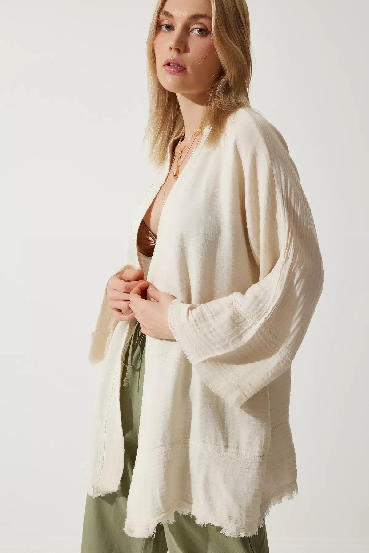 Cream Floral Muslin Kimono, , large image number 2