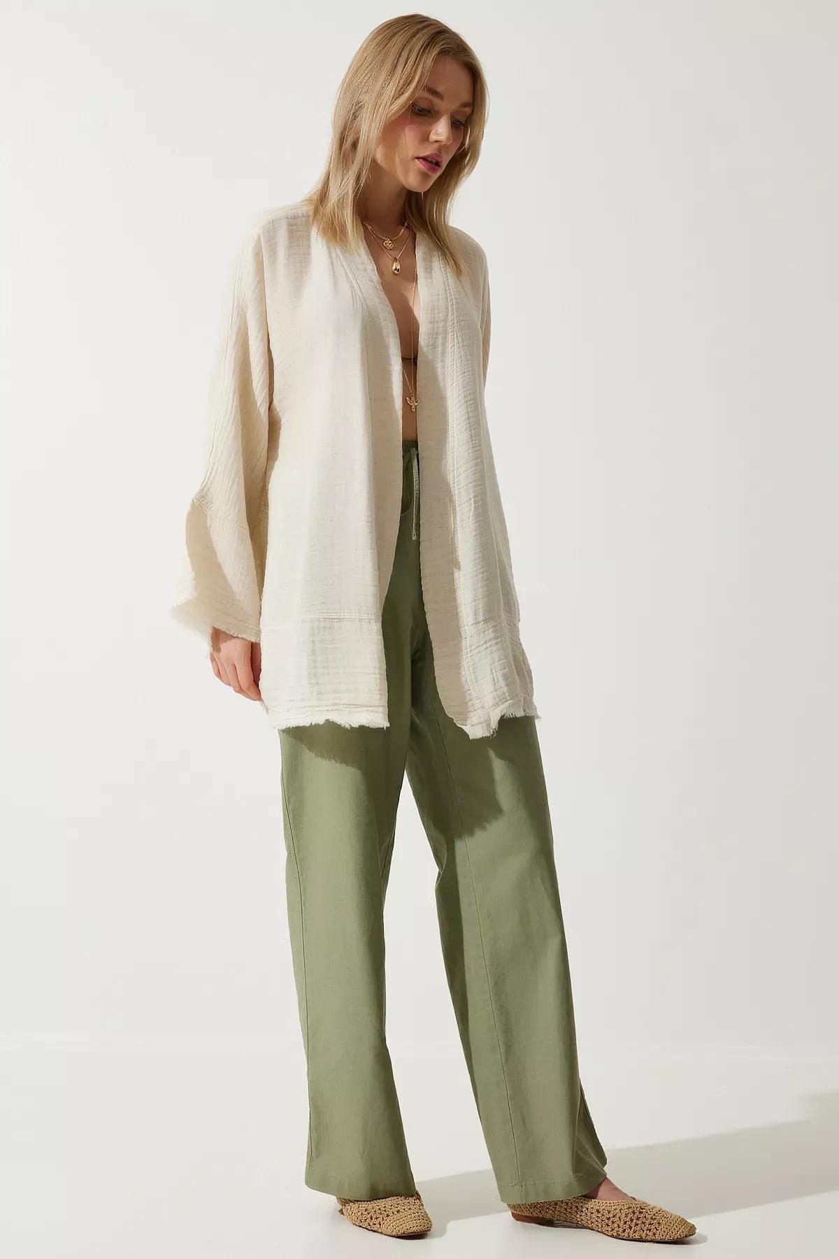 Cream Floral Muslin Kimono, , large image number 3