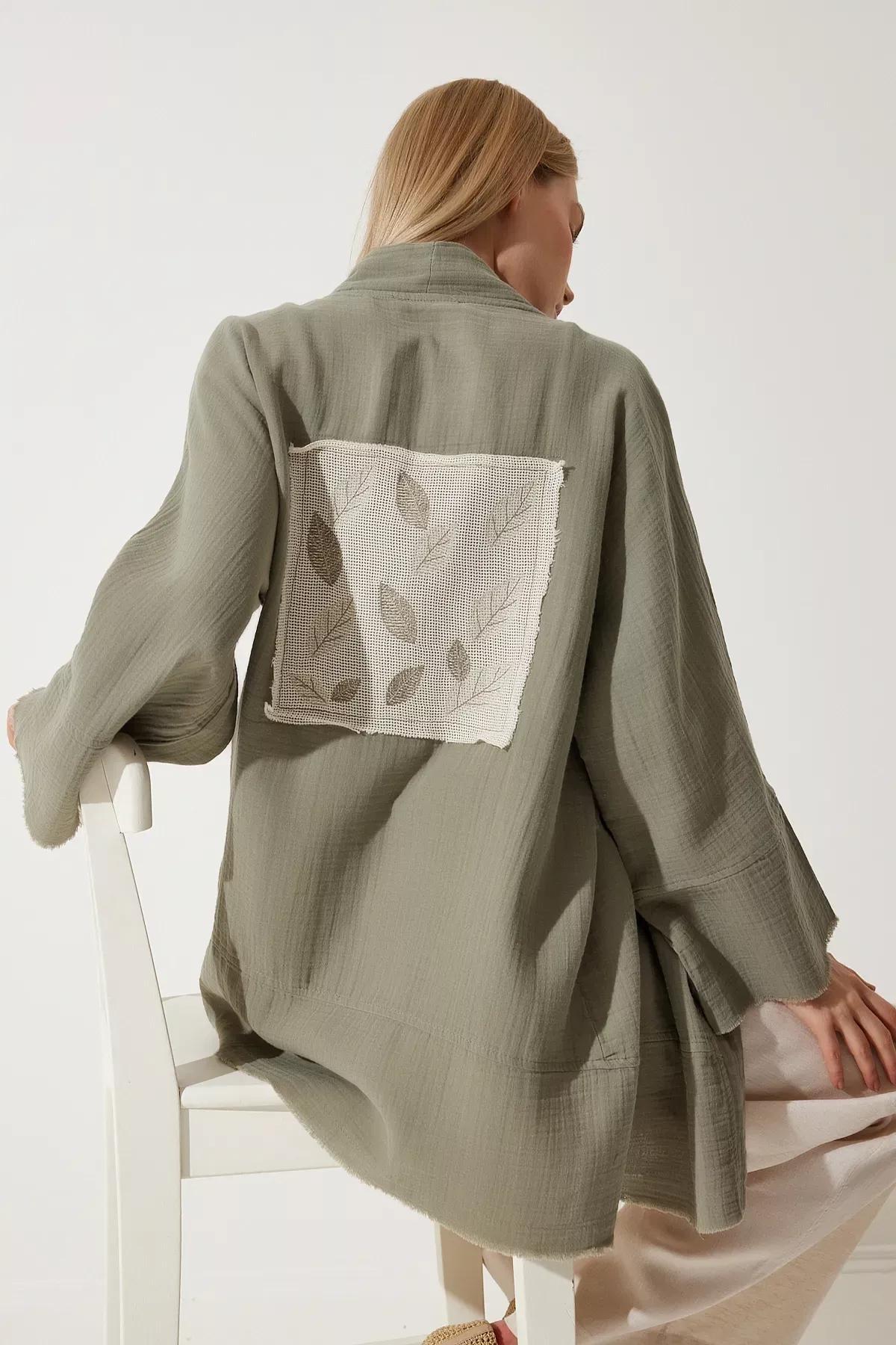 Green Floral Muslin Kimono, Khaki, large image number 0
