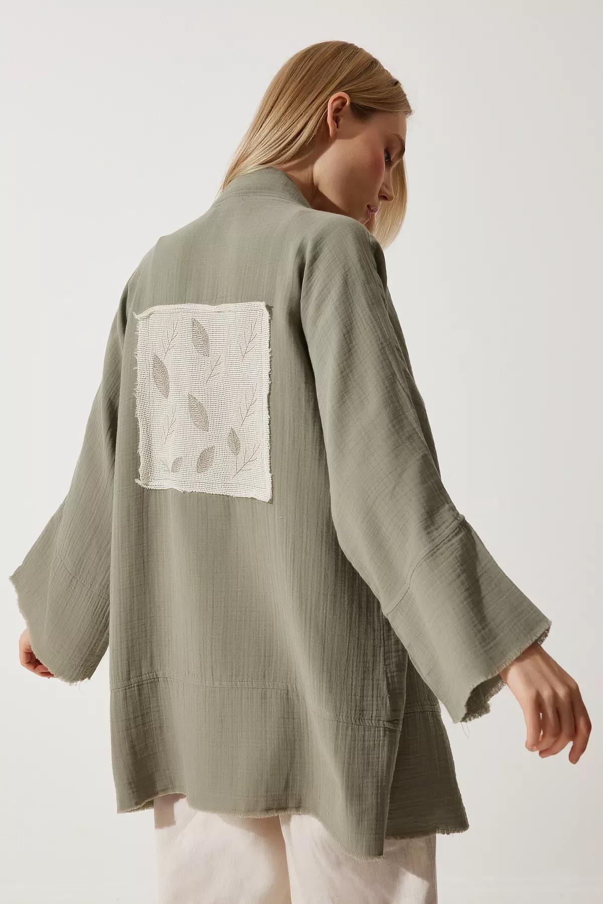 Green Floral Muslin Kimono, Khaki, large image number 1