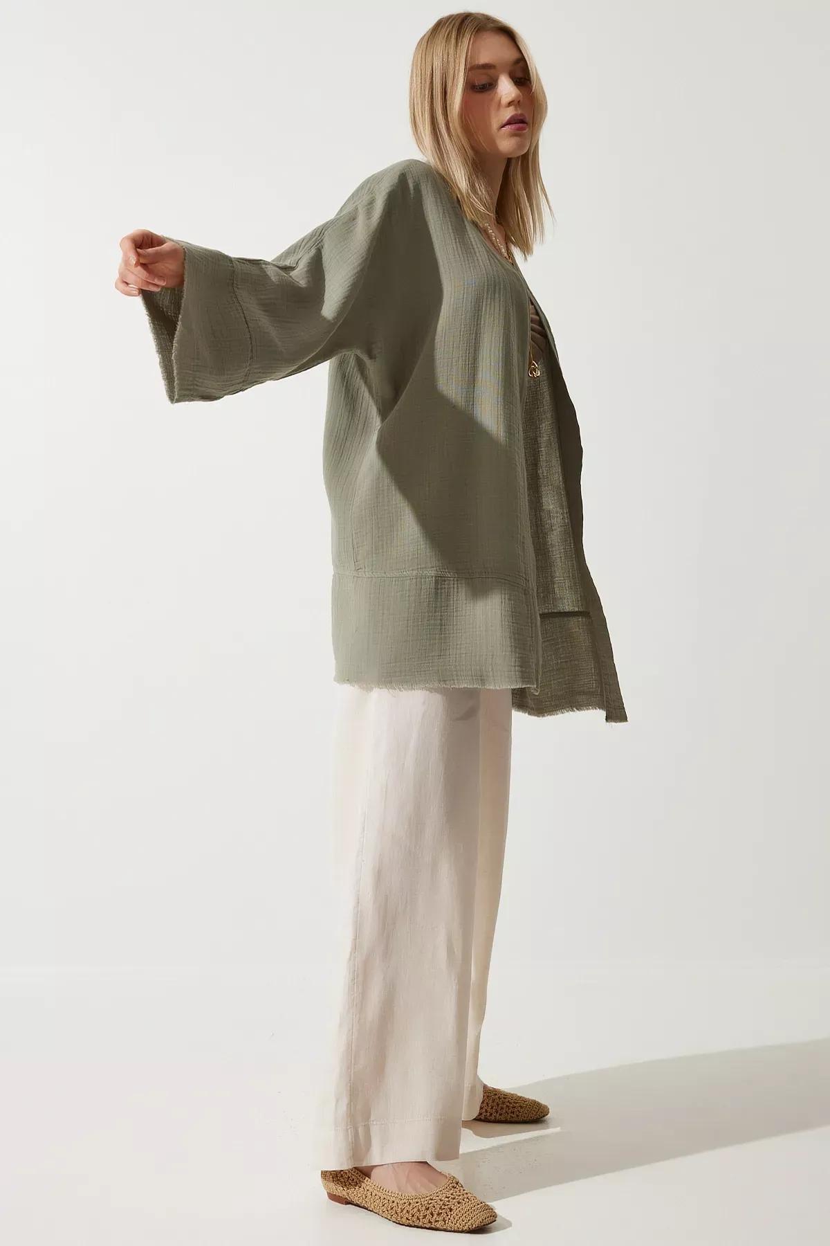 Green Floral Muslin Kimono, Khaki, large image number 2